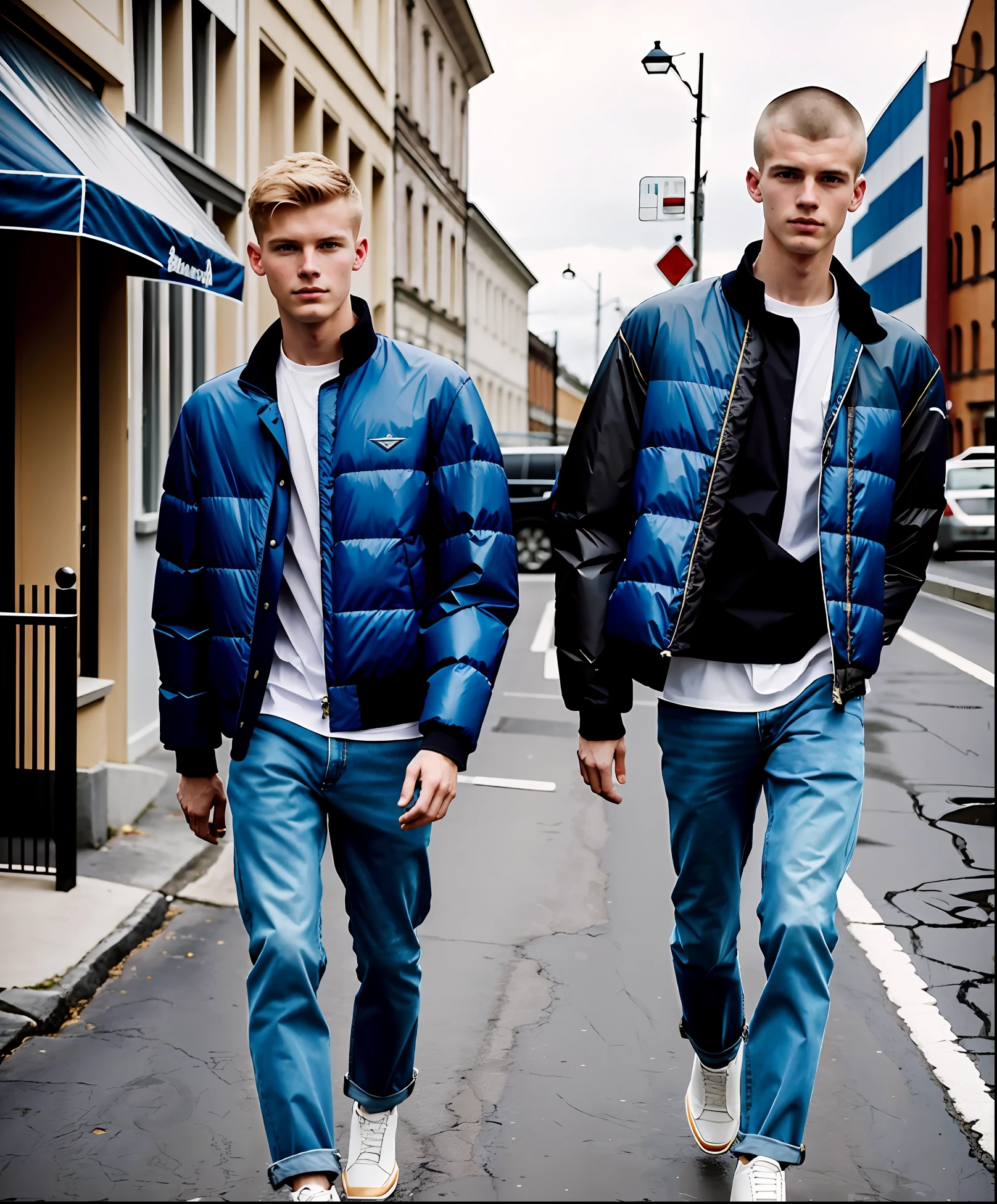 Photography still 90s indie movie, 1 young man 20 years old, balenciaga jacket men's puffer white color, hair skin head ginger, slim jeans, magazine cover photo, (35mmstyle: 1.1), masterpiece, high frequency details, 35mm film, (film grain), film noise, lighting, daylight, solar lighting, menswear editorial photo,  Realistic