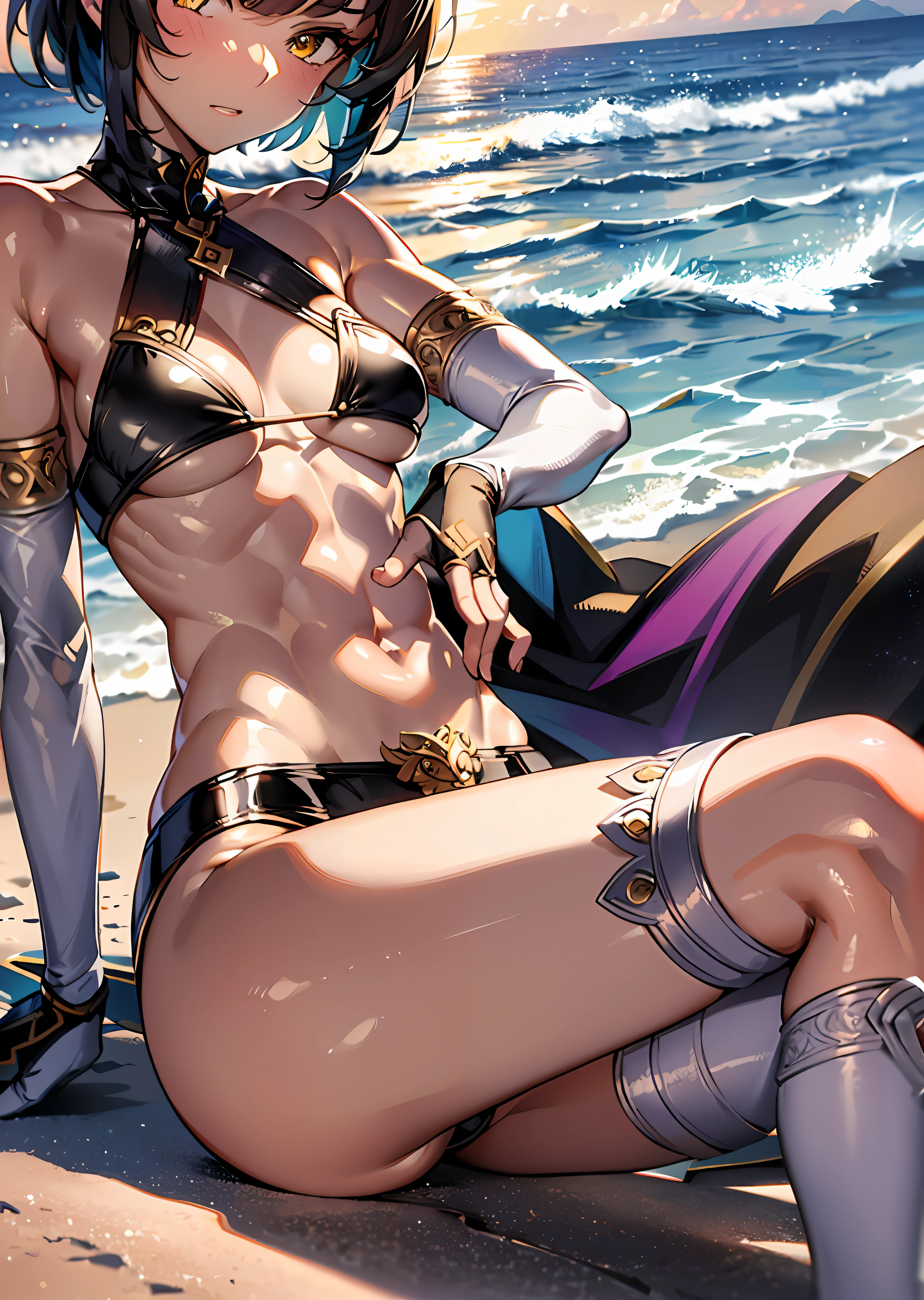 (masterpiece, best quality, intricate details, ultra details, ultra quality, highres, best shadow, best illumination, 4k)Penthesilea, short hair, small breasts, flat chested, yellow eyes, white bra, underboob, body shot, angry, long black gloves, black tiny hotpants, purple knee-socks, ((muscular:1)), six-pack, beach background, warm lighting, (colorful:1.1)
