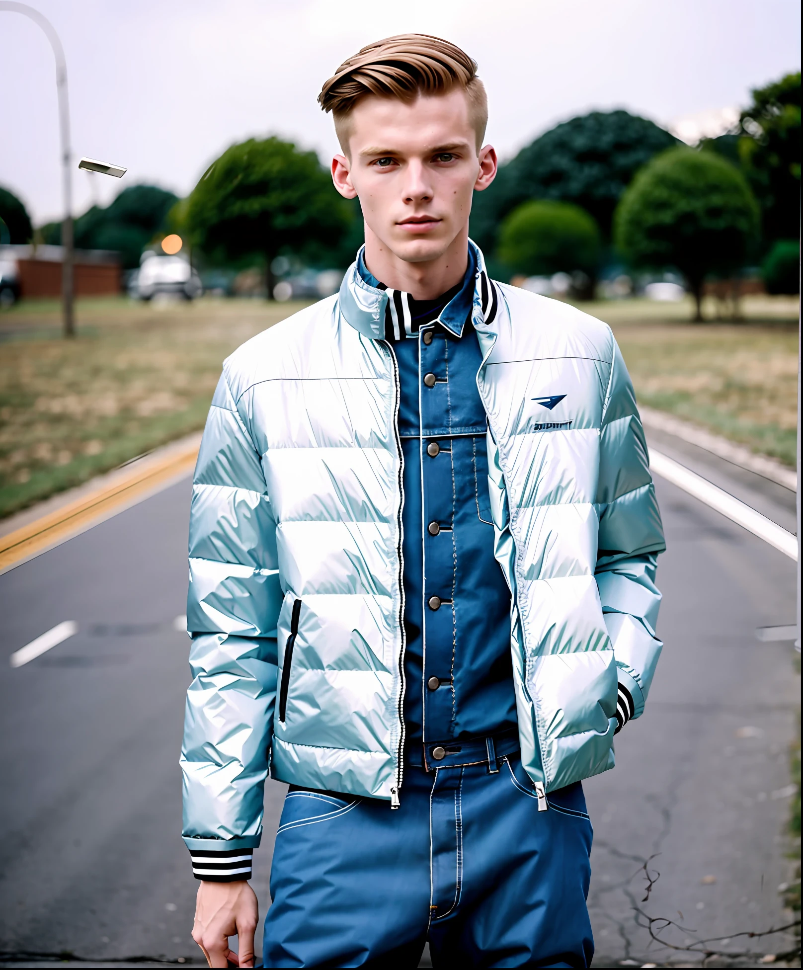 Photography still 90s indie movie, ung man 20 years old, balenciaga jacket men's puffhite color, hair skin head ginger, slim jeans, magazine cover photo, (35mmstyle: 1.1), masterpiece, high frequency details, 35mm film, (film grain), film noise, lighting, daylight, solar lighting, menswear editorial photo, Realistic