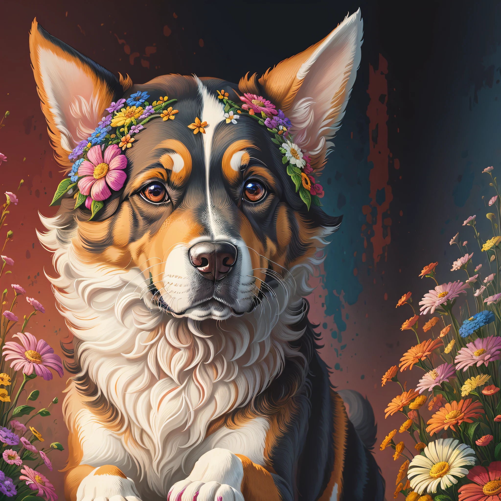 dog, painting, painted by famous artist, highly detailed, best quality, highest quality, colors, colorful, flowers, digital, digital art --auto --s2