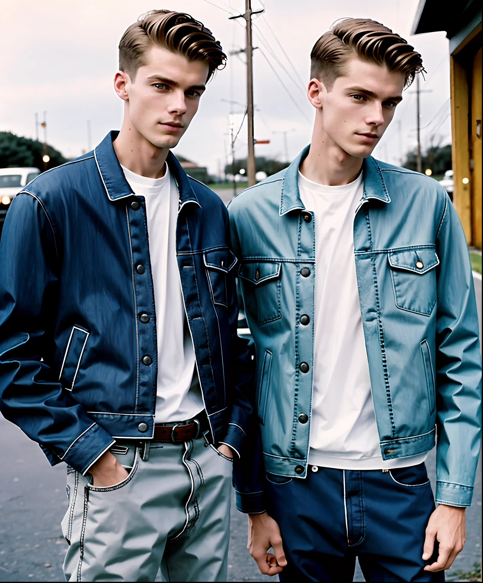 Photography still 90s indie movie, 1 young man 20 years old, balenciaga jacket men's puffer white color, hair skin head ginger, slim jeans, magazine cover photo, (35mmstyle: 1.1), masterpiece, high frequency details, 35mm film, (film grain), film noise, lighting, daylight, solar lighting, menswear editorial photo, Realistic