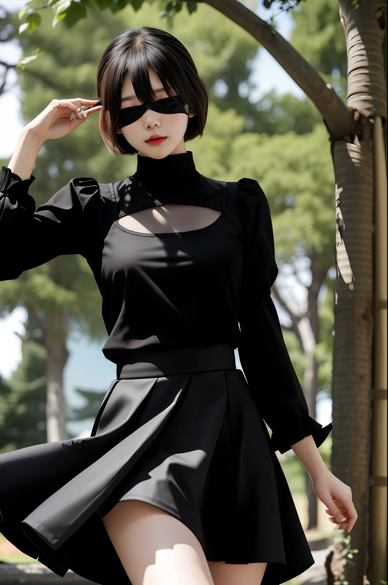 Masterpiece, Best Quality, 1 Girl, Solo, Yoha 2 Type B, Black Blindfold, Blindfold, Skirt, Black Skirt, Sai Hai