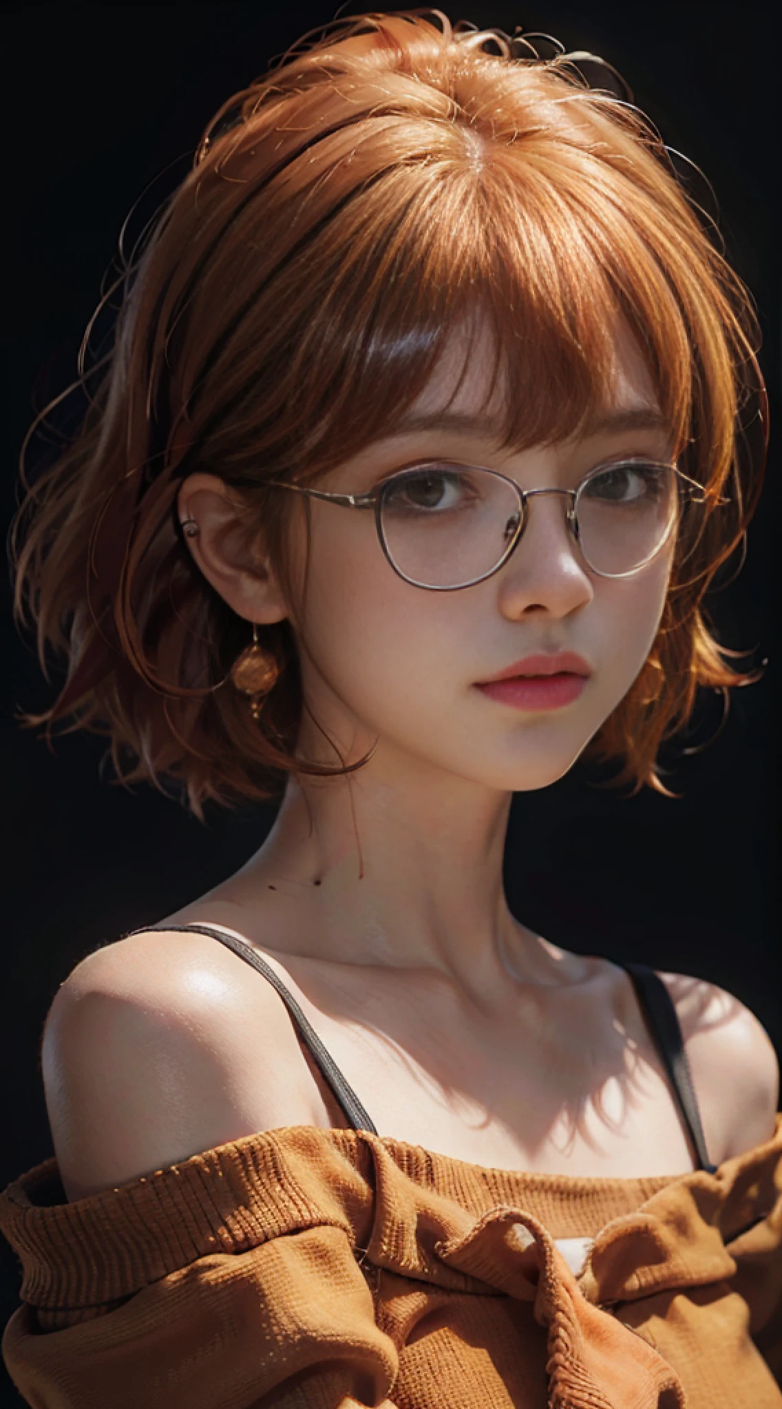 Best quality, masterpiece, portrait, school girl, ultra high resolution, (photorealistic: 1.4), raw photo, 1girl, off shoulder, cinematic lighting, glasses, earrings in perfect ears, bangs, (orange hair: 2.6 ), (bob cut: 1.5)
