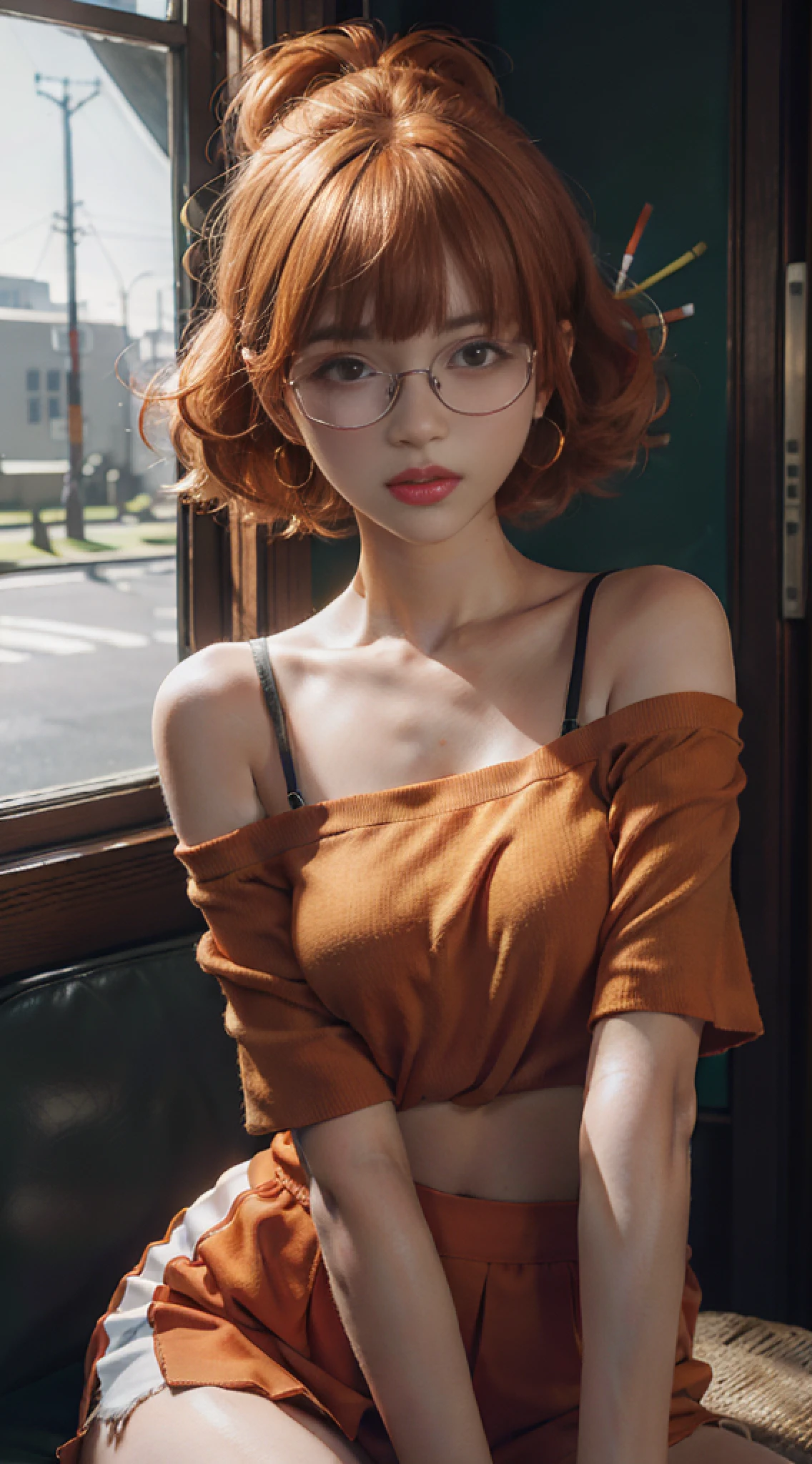 Best quality, masterpiece, portrait, school girl, ultra high resolution, (photorealistic: 1.4), raw photo, 1girl, off shoulder, cinematic lighting, glasses, earrings in perfect ears, bangs, (orange hair: 2.6 ), (bob cut: 1.5)