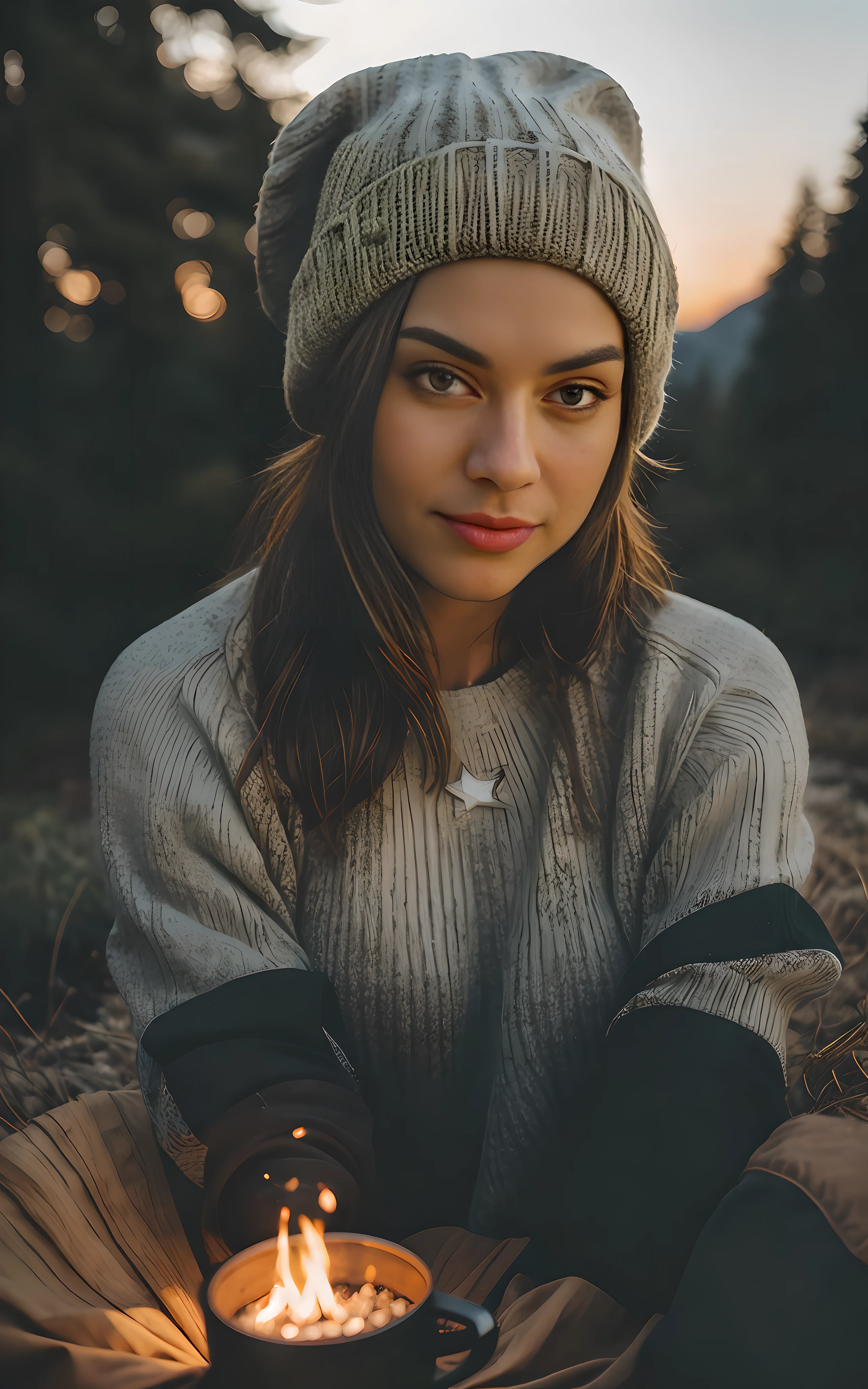 1 woman ((upper body selfie, happy)), masterpiece, best quality, ultra-detailed, solo, outdoors, (night), mountains, nature, (stars, moon) cheerful, happy, backpack, sleeping bag, camping stove, water bottle, mountain boots, gloves, sweater, hat, flashlight, forest, rocks, river, wood, smoke, shadows, contrast, clear sky, analog style (look at viewer:1.2) (skin texture) (film grain:1.3), (warm hue, warm tone:1.2), close up, cinematic light, sidelighting, ultra high res, best shadow, RAW, upper body, wearing pullover