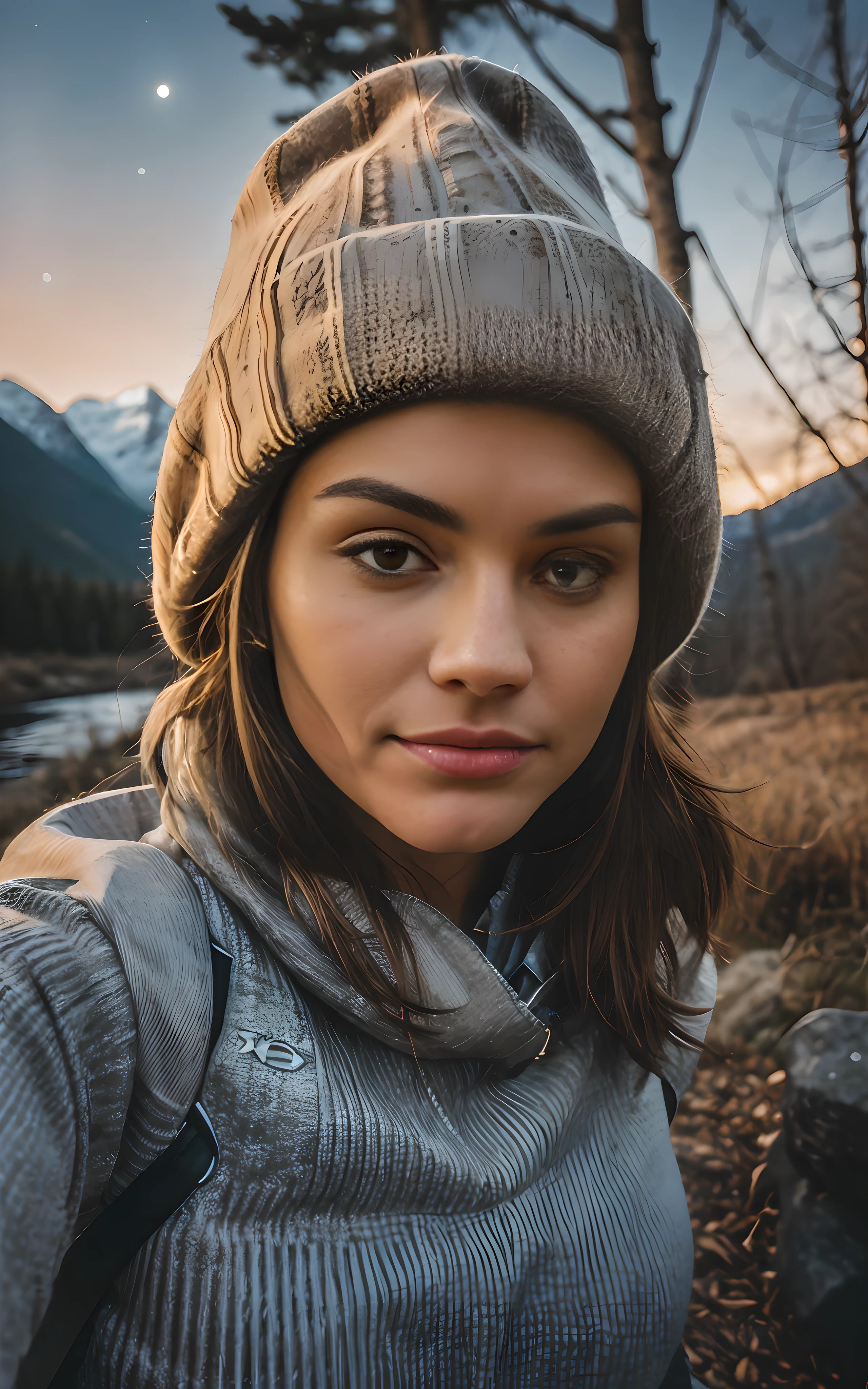 1 woman ((upper body selfie, happy)), masterpiece, best quality, ultra-detailed, solo, outdoors, (night), mountains, nature, (stars, moon) cheerful, happy, backpack, sleeping bag, camping stove, water bottle, mountain boots, gloves, sweater, hat, flashlight, forest, rocks, river, wood, smoke, shadows, contrast, clear sky, analog style (look at viewer:1.kin texture) (film grain:1.3), (warm hue, warm tone:1.2), close up, cinematic light, sidelighting, ultra high res, best shadow, RAW, upper body, wearing pullover