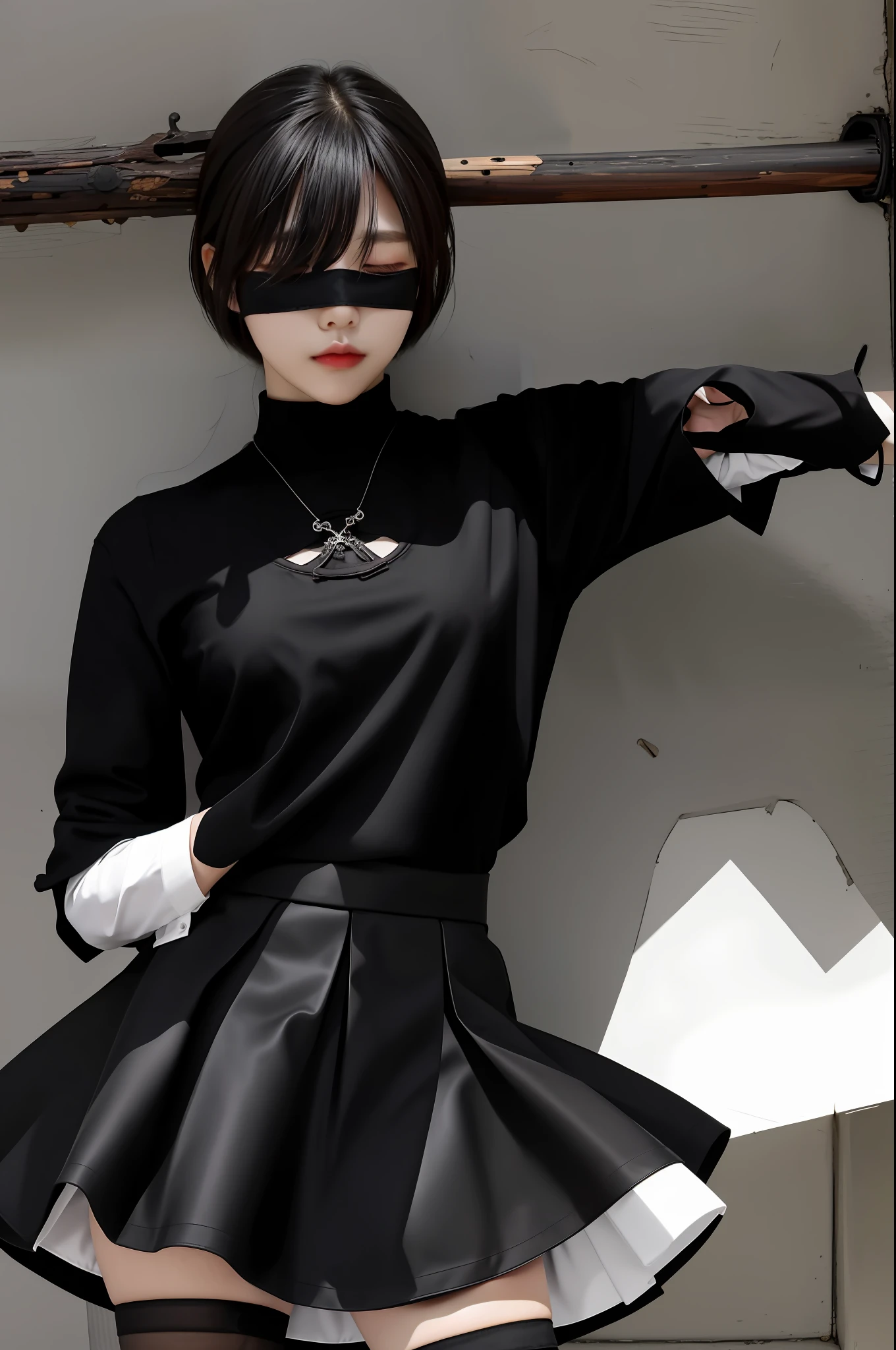 Masterpiece, Best Quality, 1 Girl, Solo, Yoha 2 Type B, Black Blindfold, Blindfold, Skirt, Black Skirt, Sai Hai