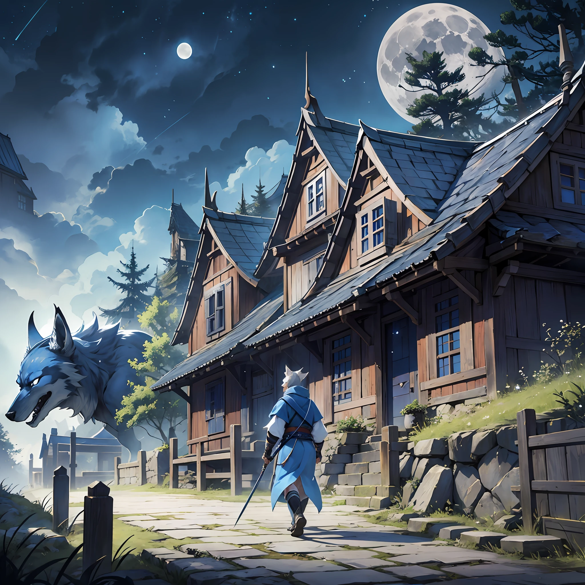 Blue samurai, ghost, walking with a wolfin a haunted village, night sky, full moon, realistic, Full HD, best quality