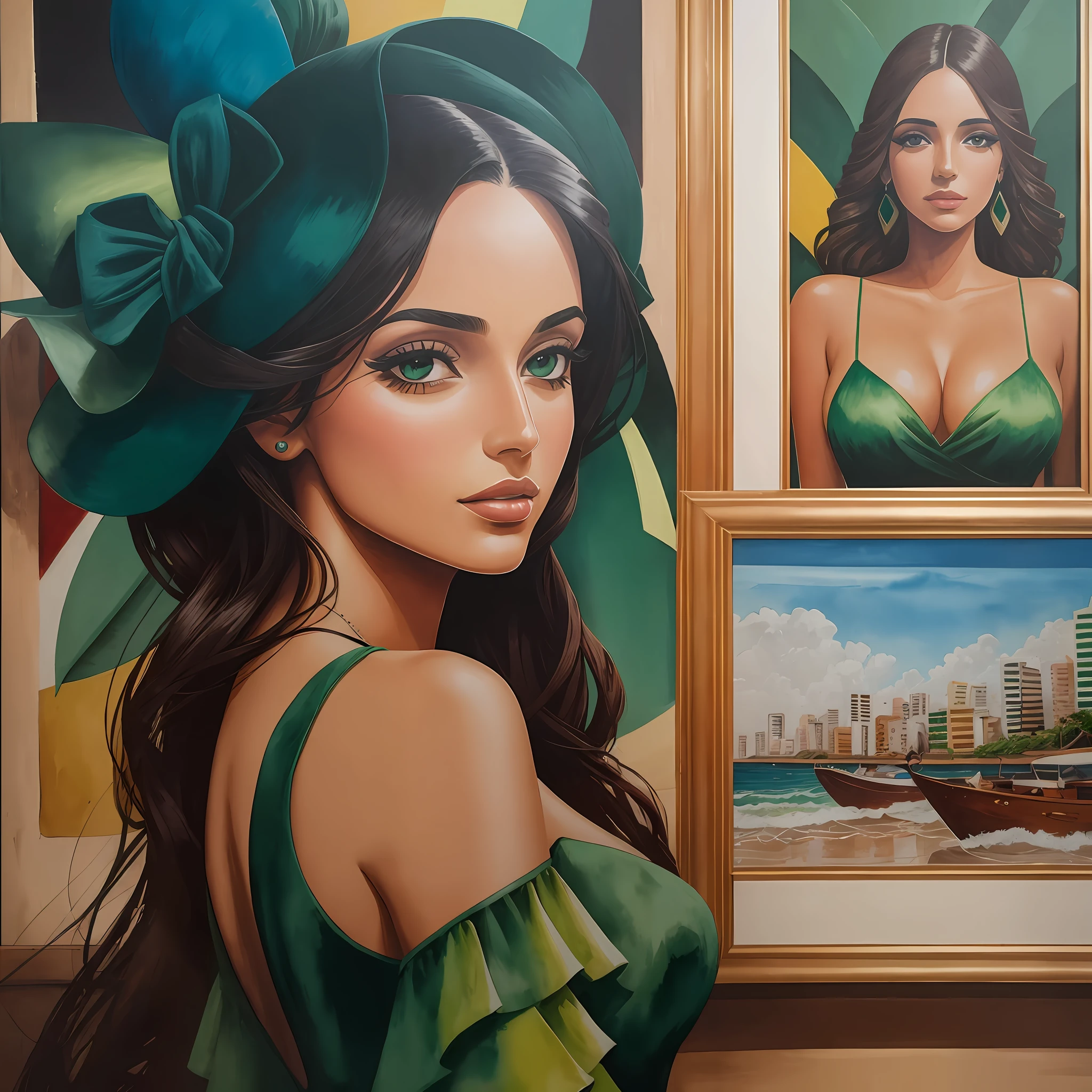 Tarsila Amaral, model, watercolor, face of Tarsila Amaral, Brazilian painting, Ipanema, defined strokes, oil painting, green dress, formal clothing, formal style --auto --s2