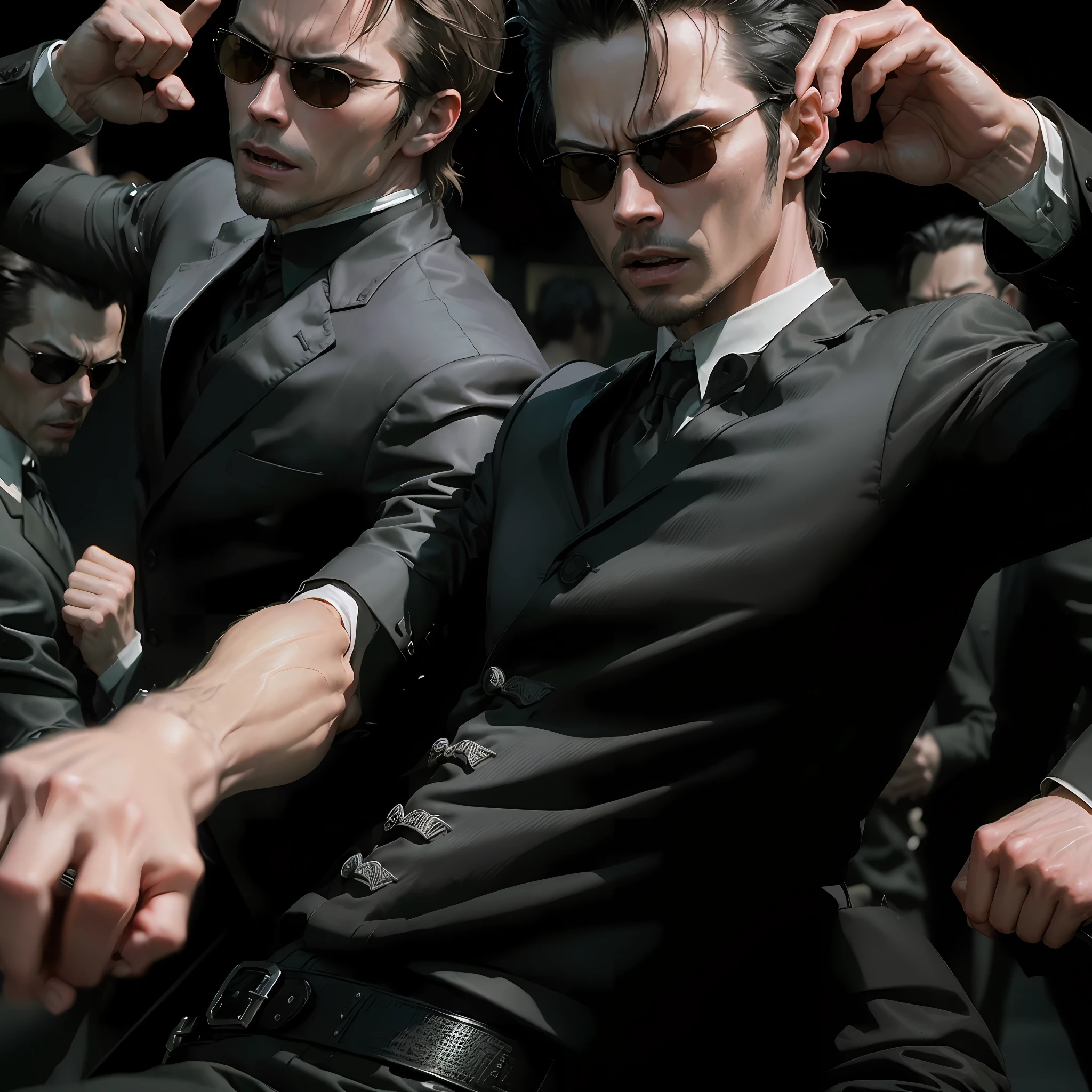 (((kung fu))) ,((best quality)), ((masterpiece)), (detailed), (((suit))) fan art of evil man, there are two people fist fighting, evil looking blond GUY PEARCE face, blond GUY PEARCE in a suit with square sunglasses close up, blond GUY PEARCE in a suit angry, blond GUY PEARCE in a suit with squared sunglasses, square sunglasses, the matrix (1999), square sunglasses, night, 80mm, ((western animation)), (neo the matrix (1999)), (short hair), ((combat)), (((kung fu)))