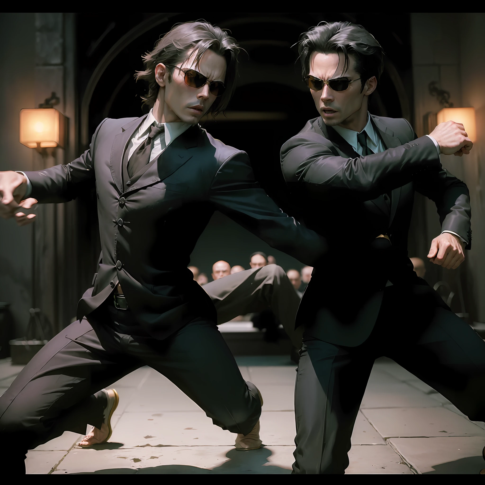 (((kung fu))) ,((best quality)), ((masterpiece)), (detailed), (((suit))) fan art of evil man, there are two people fist fighting, evil looking blond GUY PEARCE face, blond GUY PEARCE in a suit with square sunglasses close up, blond GUY PEARCE in a suit angry, blond GUY PEARCE in a suit with squared sunglasses, square sunglasses, the matrix (1999), square sunglasses, night, 80mm, ((western animation)), (neo the matrix (1999)), (short hair), ((combat)), (((kung fu)))