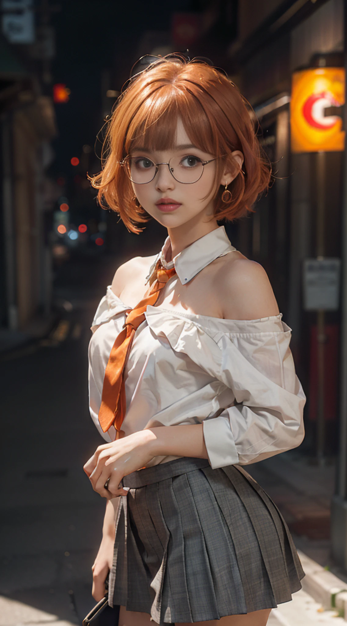 Best quality, masterpiece, portrait, (school uniform: 1.2), (miniskirt: 1.2), ultra high resolution, (photorealistic: 1.4), raw photo, 1girl, off shoulder, cinematic lighting, glasses, earrings in the perfect ears, bangs, (orange hair: 2.6 ), (bob cut: 1.5)