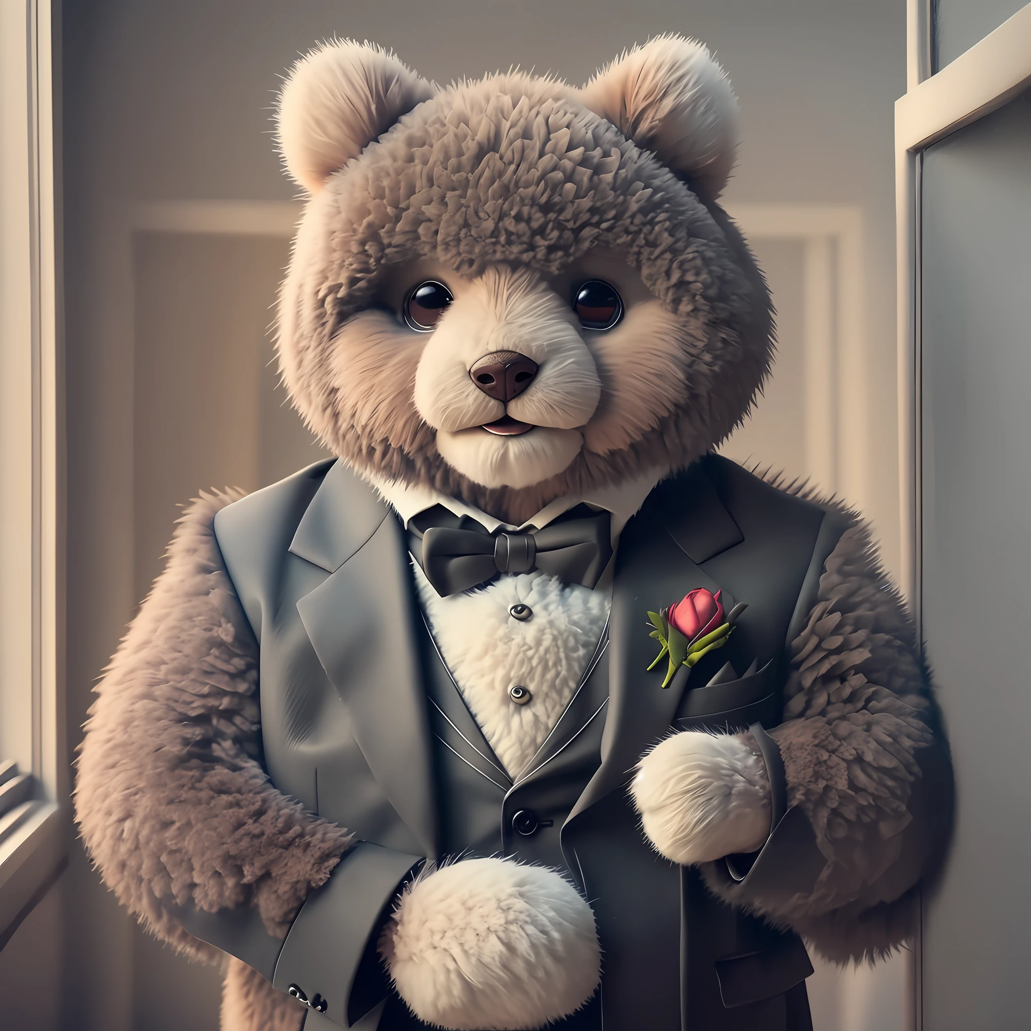 Furry Bear, good quality, RPG, furry bear wearing tuxedo, dark setting, apartment --auto --s2
