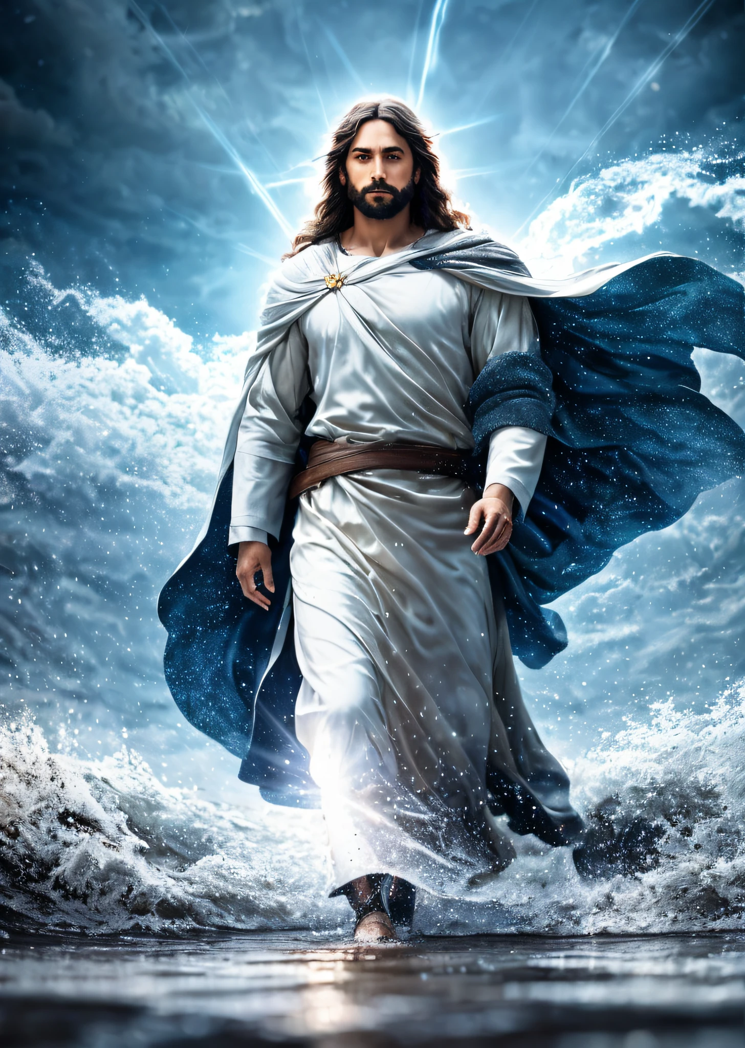 Jesus walking on water in a storm, gentle expression, streaks of light coming down from the sky, masterpiece, highest quality, high quality, highly detailed CG unit 8k wallpaper, award-winning photos, bokeh, depth of field, HDR, bloom, chromatic aberration, realistic, very detailed, trending at artstation, trending at CGsociety, complex, high detail, dramatic, mid-journey art, volumetric lighting