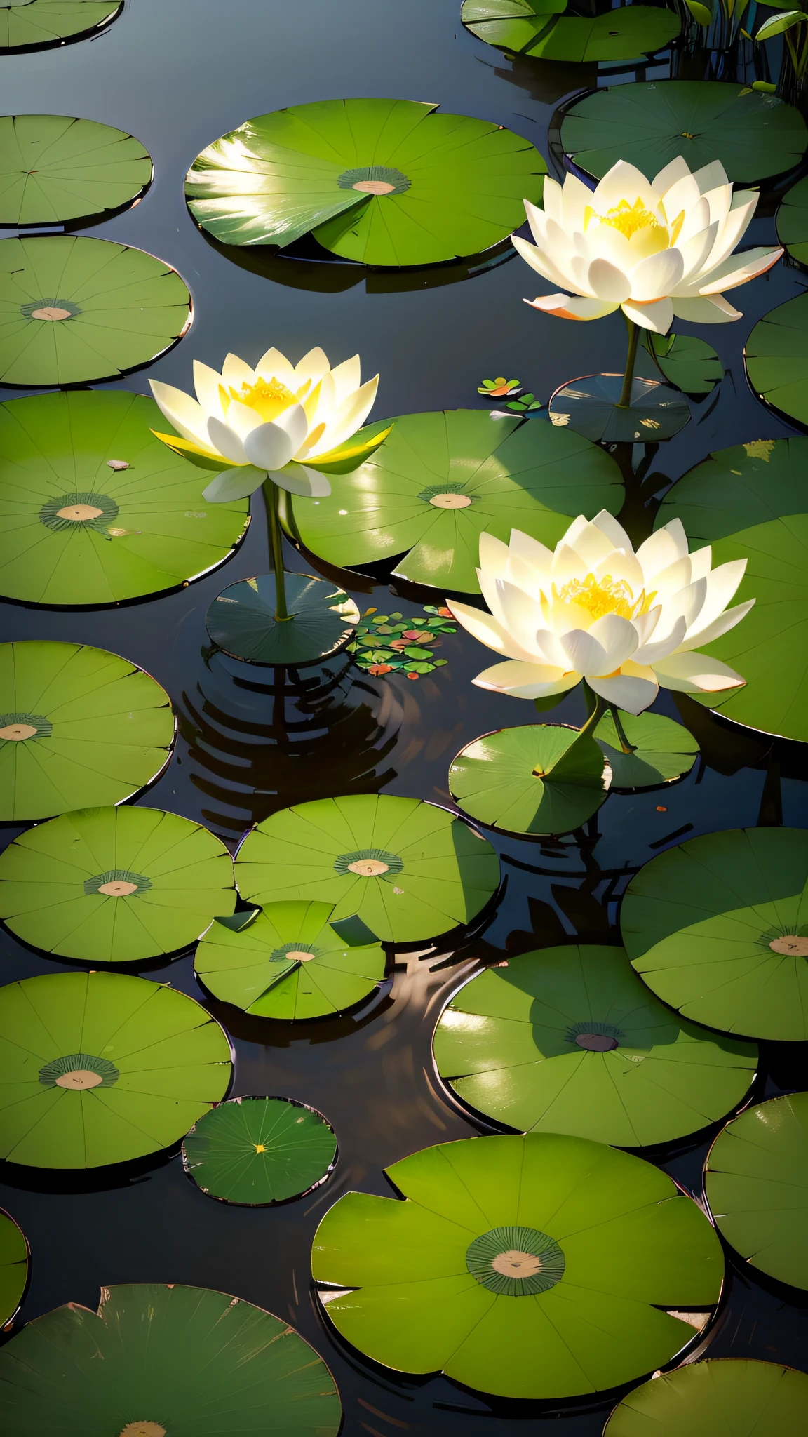 Masterpiece, exquisite, beautiful scenery deep in the lotus pond, (colourful, vivid, sunny, cool light: 1.2) lotus leaves in the pond. high quality high quality