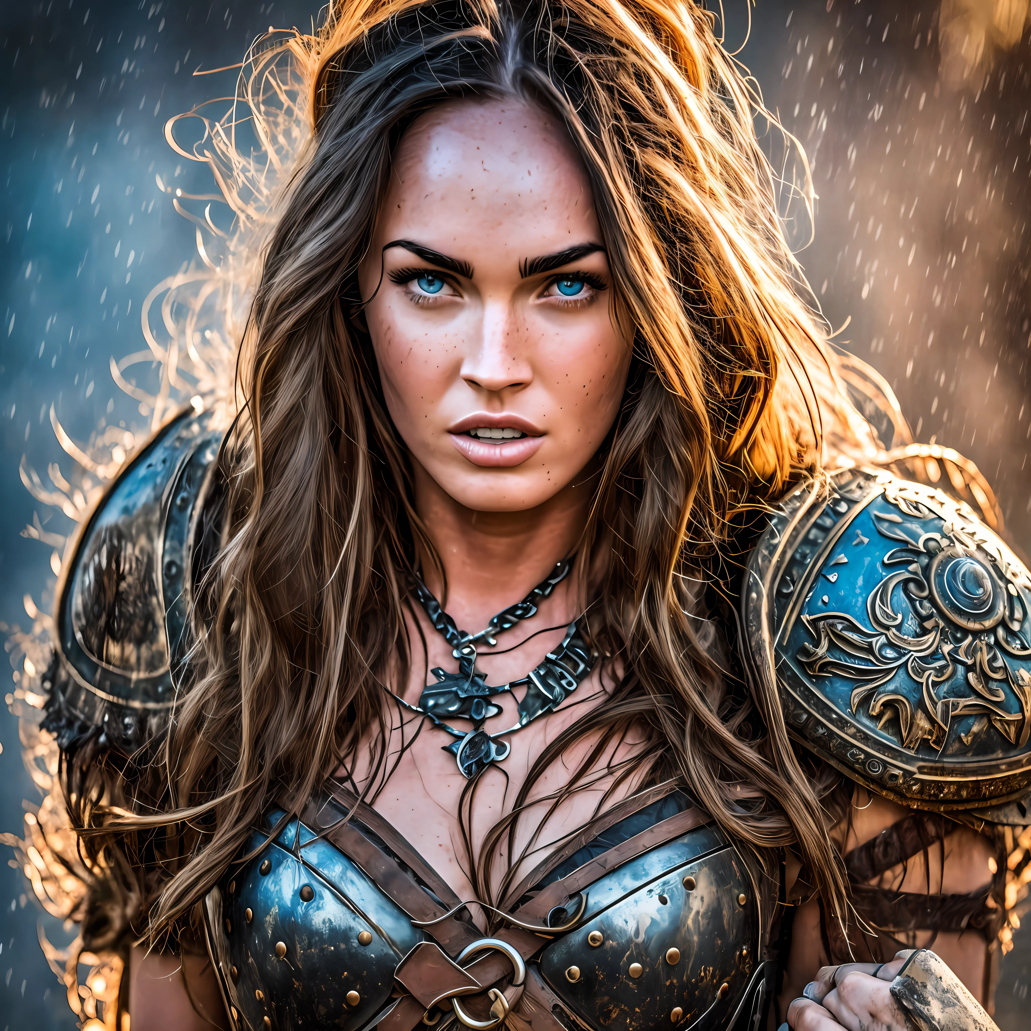 Megan Fox viking version, viking hairstyle, warrior, armor, sweaty body and face, dirty, captivating, wet, big chests, bright blue eyes well detailed, viking village, rain, photo awarded by lee jeffries, kodak film photography, kodak lens portra 400 camera f1.6, extremely detailed, amazing, fine details, rich colors, realistic hyper realistic texture, dramatic lighting, unrealengine, trend in artstation, cinestill 800 tungsten, looking for the viewer, realistic photo, RAW photo, TanvirTamim, high quality, high resolution, sharp focus, extremely detailed, cinematic effect, full body portrait style. --auto --s2