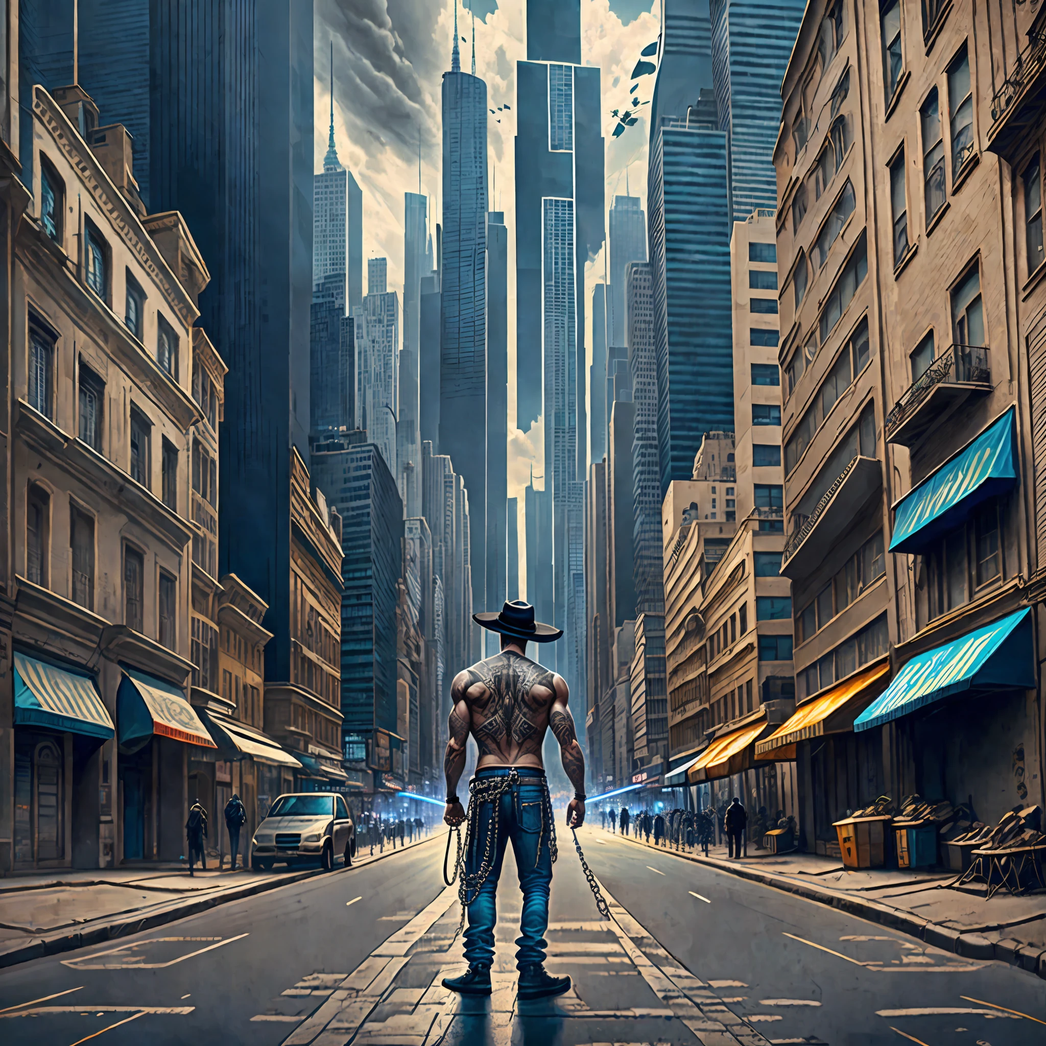 there's a man in jeans and hat standing in the street with a city, carrying a very strong pit bull dog in the chain, very cyberpunk style, in the city, inspired by Arik Brauer, inspired by James Gurney, streets of New York, technoviking man without a shirt, inspired by Bruce Gilden, urban in the background, with a very sharp sky and a helicopter in the air, Photo manipulation, standing on a city street, Lucas Graziano, in a cyberpunk city Preparing --auto --s2