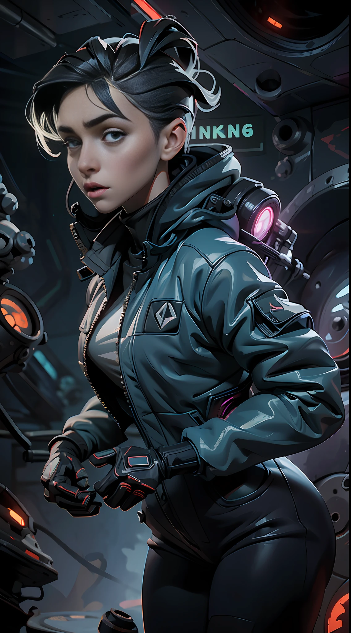 scifi, horror, darkart, futuristic, raw photo, 1girl with sexy techwear jacket(glossy white), angry look, ultrasharp, luminous paint, particles, flares, many tentacles background, many details in an amazing composition, saturn