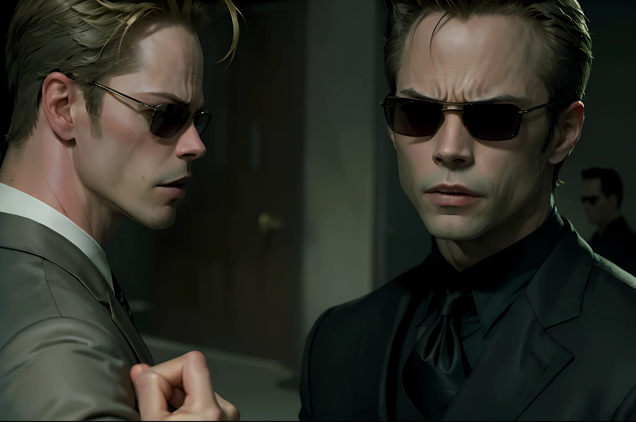 (((kung fu))) ,((best quality)), ((masterpiece)), (detailed), (((suit))) fan art of evil man, there are two people fist fighting, mirror, face to face, out of a mirror, reflection, distortion of mirrored world, evil looking blond GUY PEARCE face, blond GUY PEARCE in a suit with square sunglasses close up, blond GUY PEARCE in a suit angry, blond GUY PEARCE in a suit with squared sunglasses, square sunglasses, the matrix (1999), square sunglasses, night, 80mm, ((western animation)), (neo the matrix (1999)), (short hair), ((combat)), (((kung fu)))