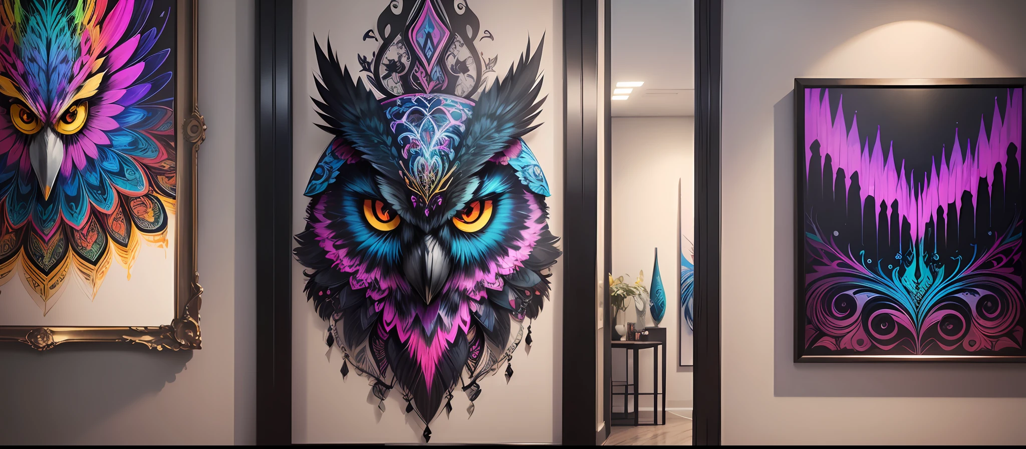 A modern and elegant vertical frame, finished in matte black, featuring a captivating and vibrant psychedelic owl painting. The art of the owl is exquisitely designed with vivid colors, intricate patterns and mesmerizing details. The painting is leaning against the back of the frame, creating a dynamic and casual display. The combination of the vertical frame and the psychedelic art of the owl add a touch of artistic fascination to any space.