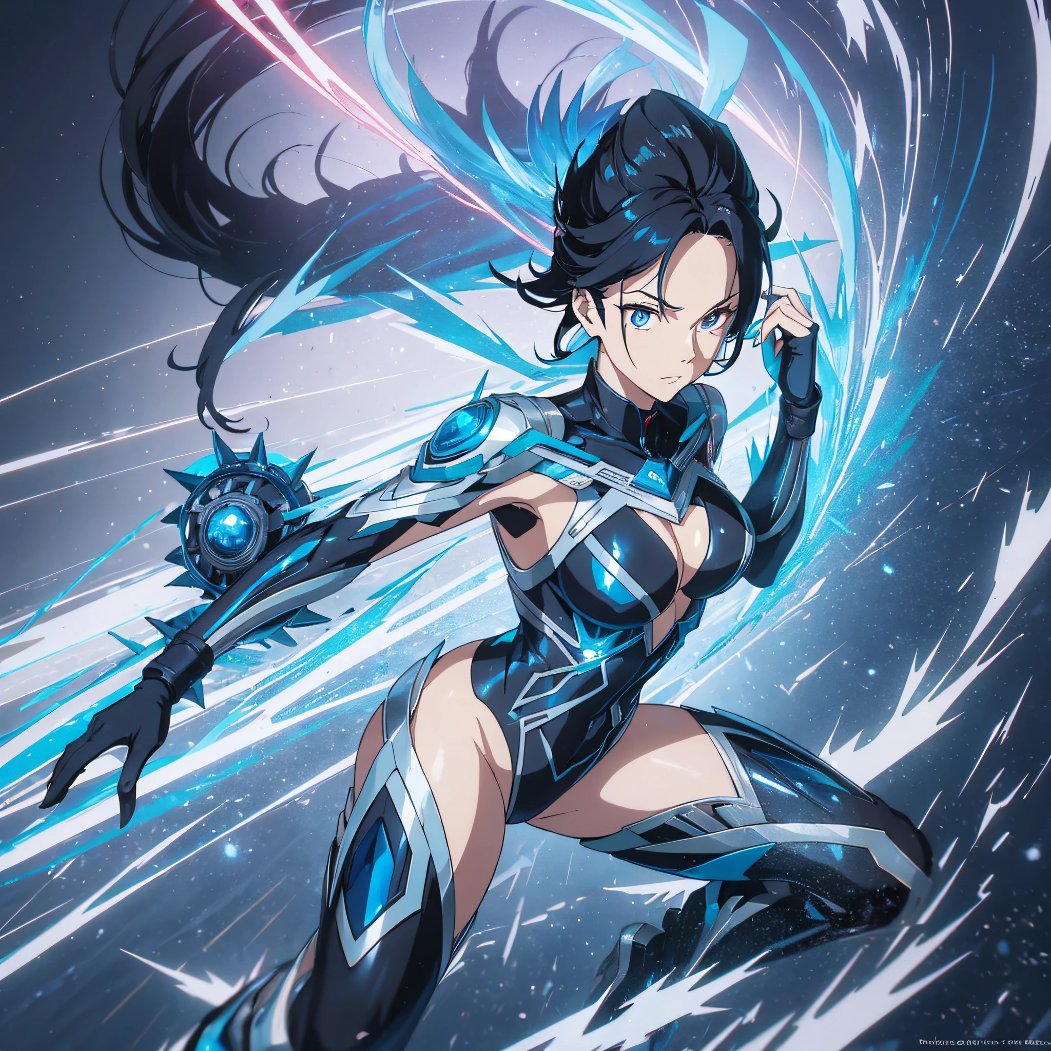 A woman with spiky black hair and piercing blue eyes. Cyclone possesses the power of aerokinesis, allowing it to manipulate air and create high-speed winds. His costume is composed of shades of blue and silver, designed to resemble a moving storm. Cyclone is agile and fast, with an acrobatic fighting style and full of energy. full body in anime style very beautiful --auto --s2