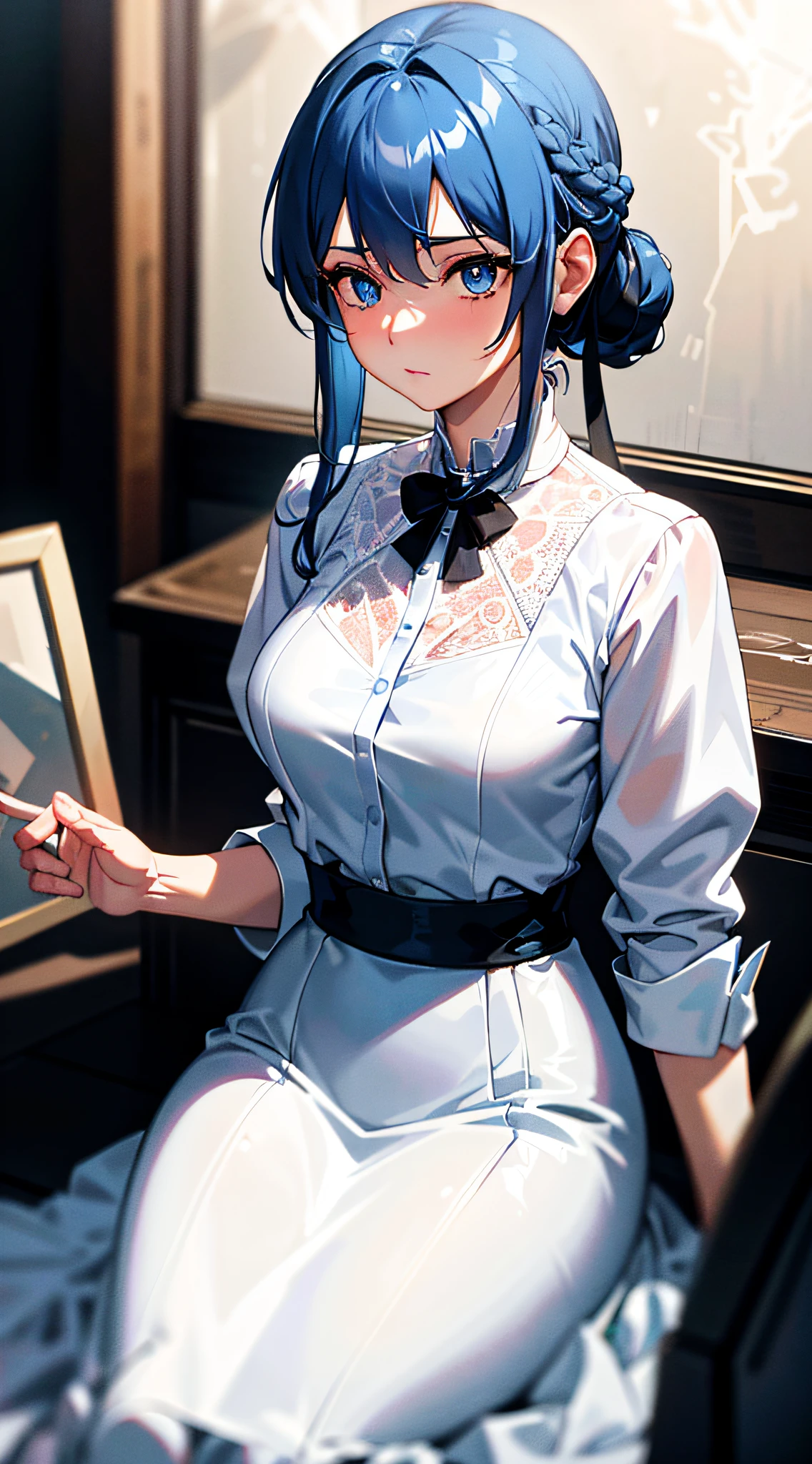 ((masterpiece)), (best quality), (detailed), (1girl), blue hair, blue eyes, updo, white shirt, black dress, looking down on the audience