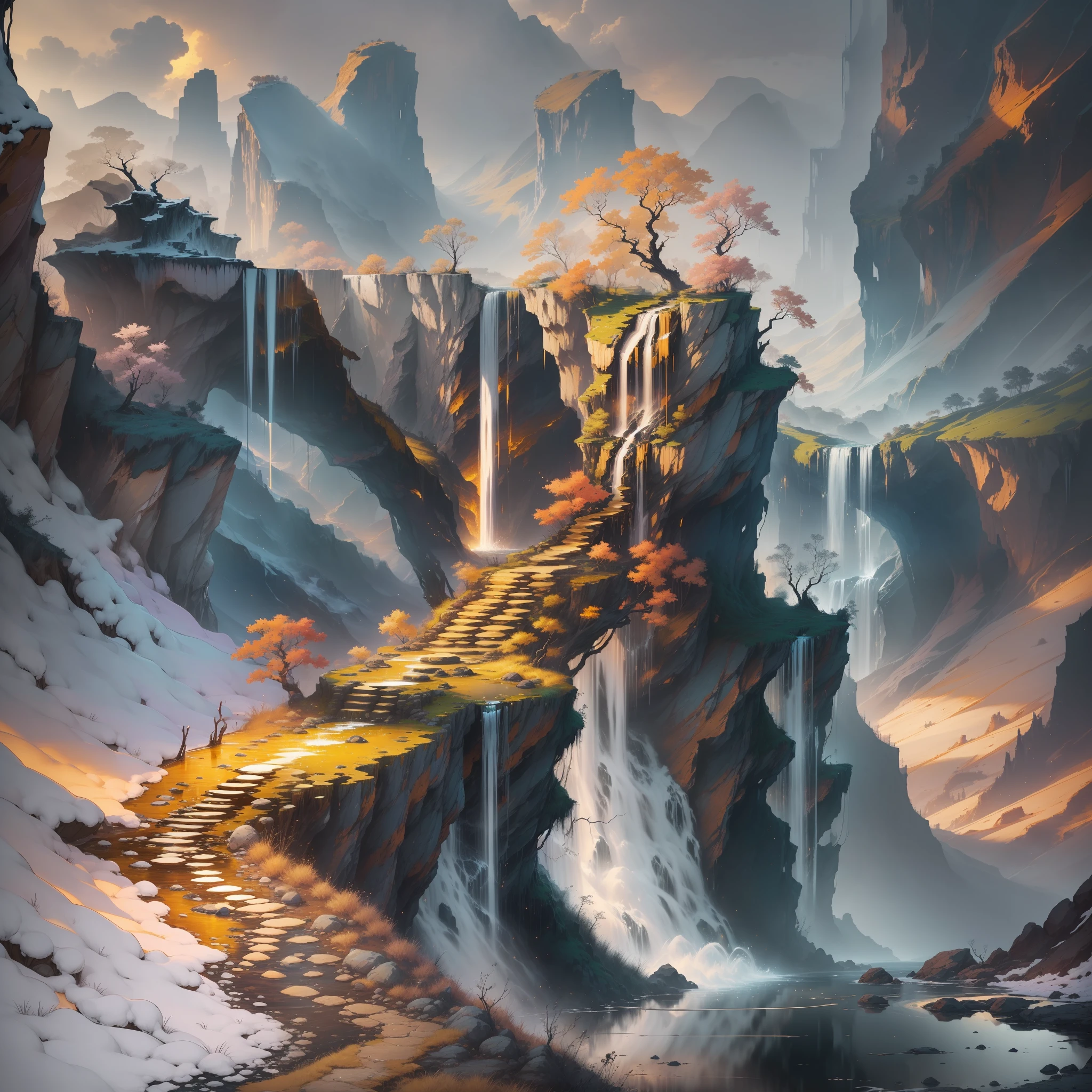 The scene unfolds in a dark and desolate landscape, where loneliness and melancholy hang in the air. A once lush forest is now parched and made up of dry, lifeless trees whose branches look like skeletons twisted against the gloomy horizon.
At the center of this desolate landscape, a single golden waterfall emerges as a point of hope. The water flows gently down the rocky slope, shining in golden hues that contrast with the gloomy surroundings. Each golden drop that falls creates a magical effect, scattering small reflections of light in the surrounding area.
Despite the sadness that surrounds the landscape, the golden waterfall radiates an aura of hope and renewal. His presence symbolizes the possibility of finding beauty and inspiration even in the darkest moments. The image captures the duality between loneliness and hope, offering a powerful vision of overcoming and transformation.