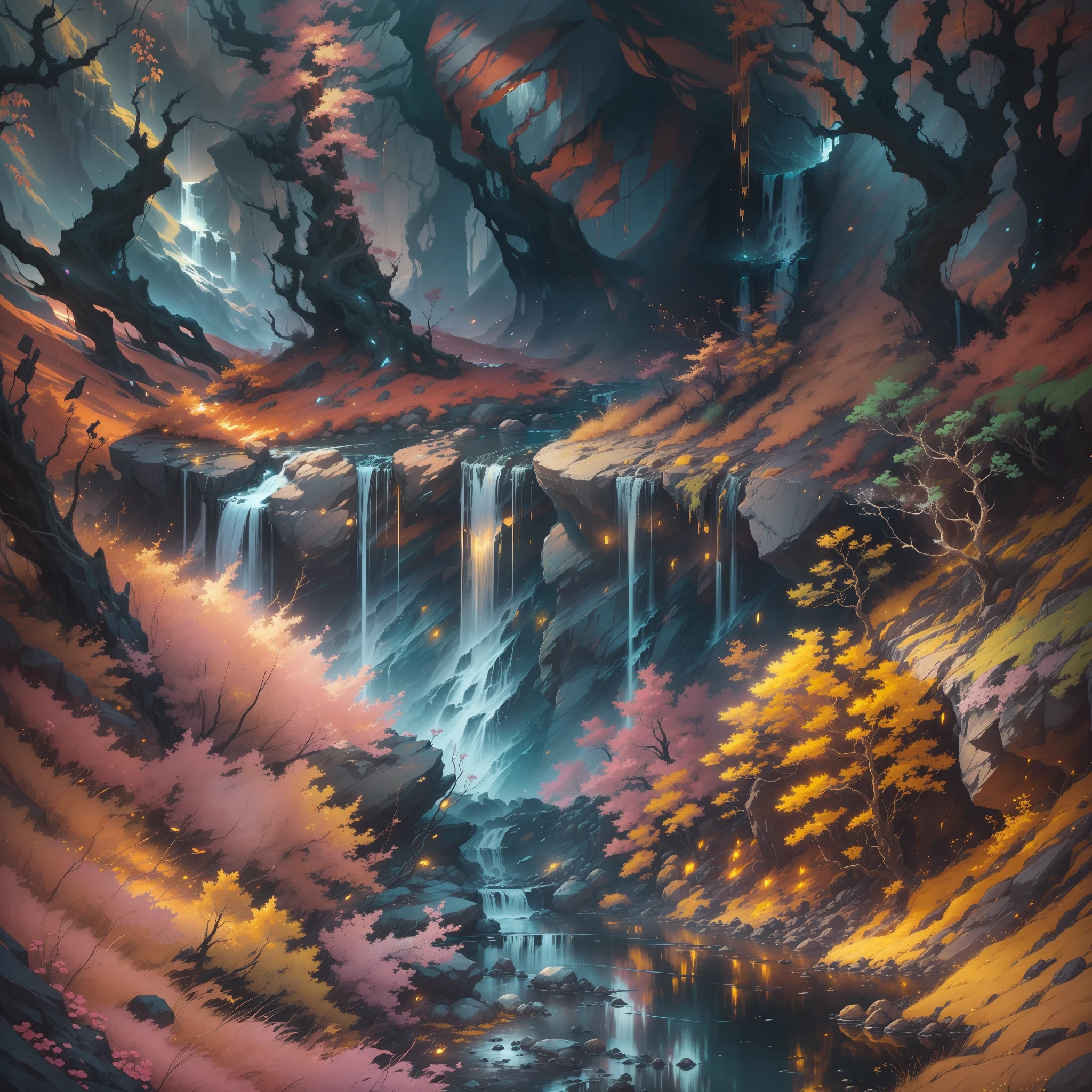 The scene unfolds in a dark and desolate landscape, where loneliness and melancholy hang in the air. A once lush forest is now parched and made up of dry, lifeless trees whose branches look like skeletons twisted against the gloomy horizon.

At the center of this desolate landscape, a single golden waterfall emerges as a point of hope. The water flows gently down the rocky slope, shining in golden hues that contrast with the gloomy surroundings. Each golden drop that falls creates a magical effect, scattering small reflections of light in the surrounding area.

Despite the sadness that surrounds the landscape, the golden waterfall radiates an aura of hope and renewal. His presence symbolizes the possibility of finding beauty and inspiration even in the darkest moments. The image captures the duality between loneliness and hope, offering a powerful vision of overcoming and transformation.