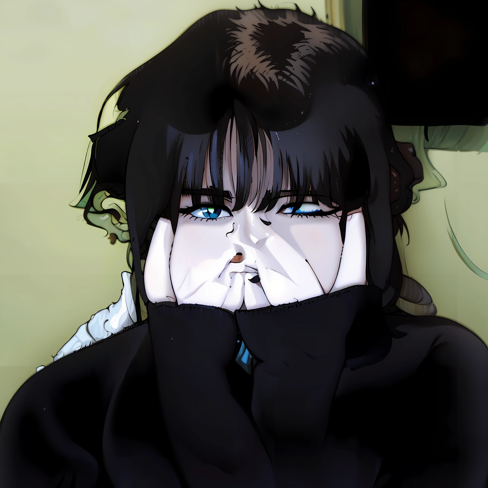arafed woman with black hair covering her face with hands, she has black hair with bangs, 1 7 - year - old anime goth girl, cruel korean goth girl, hair blackbangs hair, 1 7 - year - old goth girl, whitebangsblackhair, hands on face, black bangs, goth girl aesthetic, black hair and large eyes