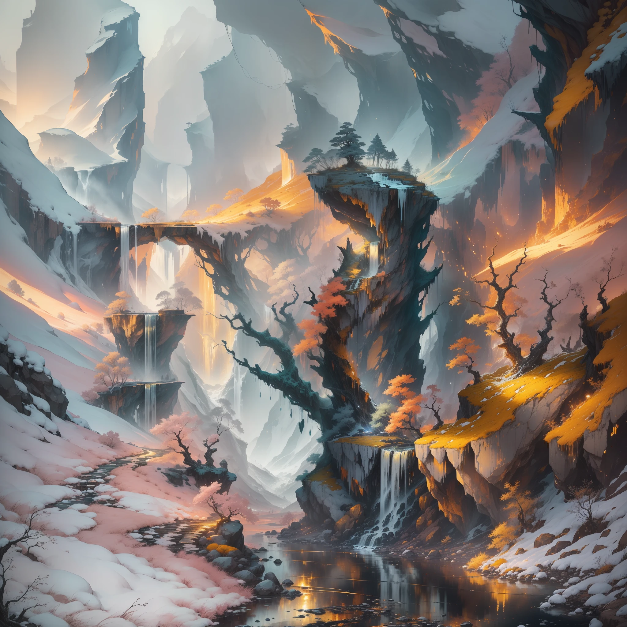 The scene unfolds in a dark and desolate landscape, where loneliness and melancholy hang in the air. A once lush forest is now parched and made up of dry, lifeless trees whose branches look like skeletons twisted against the gloomy horizon.
At the center of this desolate landscape, a single golden waterfall emerges as a point of hope. The water flows gently down the rocky slope, shining in golden hues that contrast with the gloomy surroundings. Each golden drop that falls creates a magical effect, scattering small reflections of light in the surrounding area.
Despite the sadness that surrounds the landscape, the golden waterfall radiates an aura of hope and renewal. His presence symbolizes the possibility of finding beauty and inspiration even in the darkest moments. The image captures the duality between loneliness and hope, offering a powerful vision of overcoming and transformation.