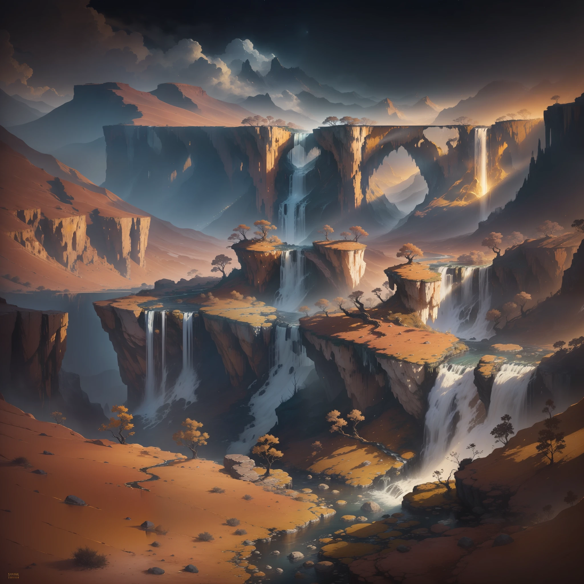 The scene unfolds in a dark and desolate landscape, where loneliness and melancholy hang in the air. A once lush forest is now parched and made up of dry, lifeless trees whose branches look like skeletons twisted against the gloomy horizon.
At the center of this desolate landscape, a single golden waterfall emerges as a point of hope. The water flows gently down the rocky slope, shining in golden hues that contrast with the gloomy surroundings. Each golden drop that falls creates a magical effect, scattering small reflections of light in the surrounding area.
Despite the sadness that surrounds the landscape, the golden waterfall radiates an aura of hope and renewal. His presence symbolizes the possibility of finding beauty and inspiration even in the darkest moments. The image captures the duality between loneliness and hope, offering a powerful vision of overcoming and transformation.