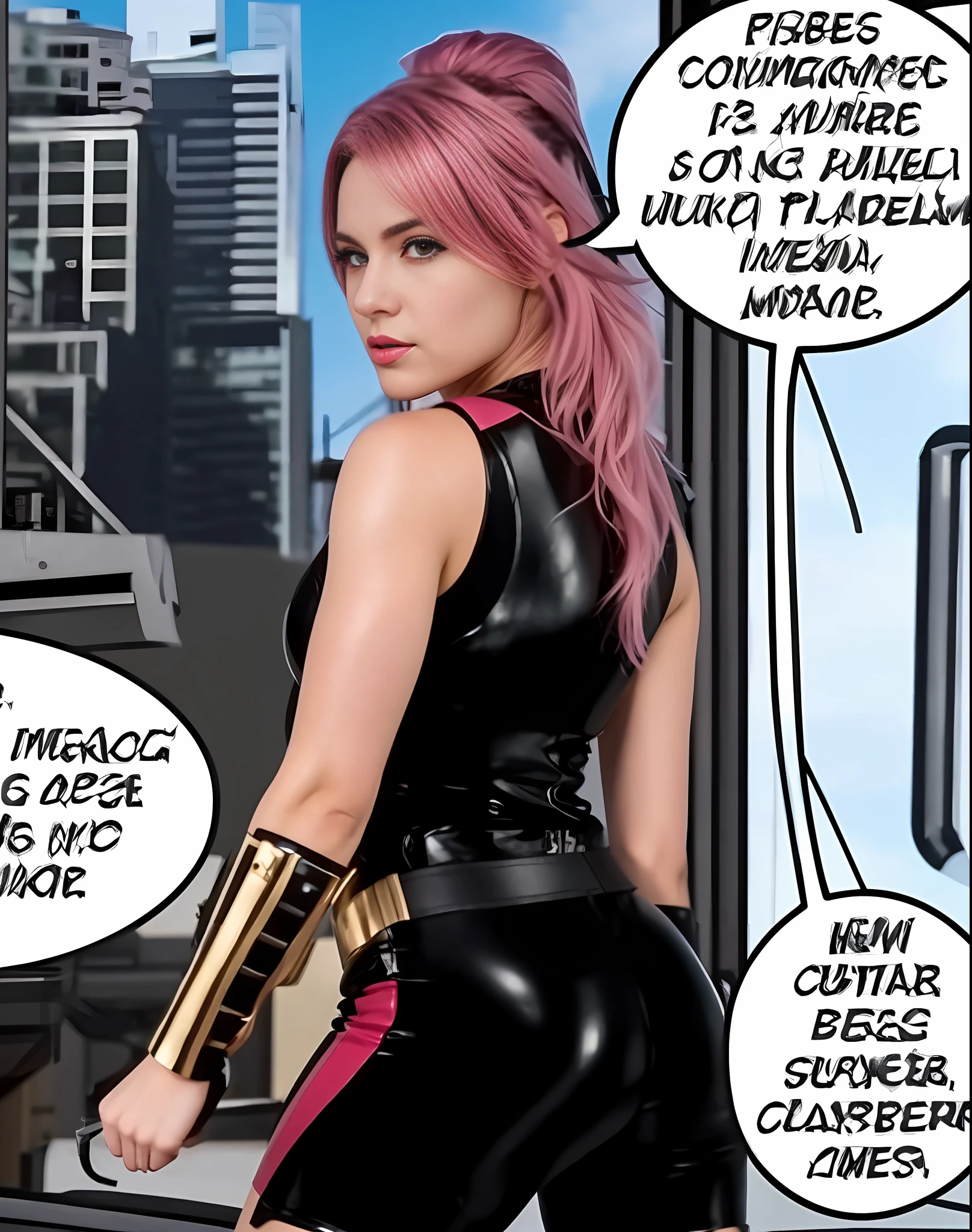 4K, sexy woman, muscular body, leather suit, pink hair, holding pistol.