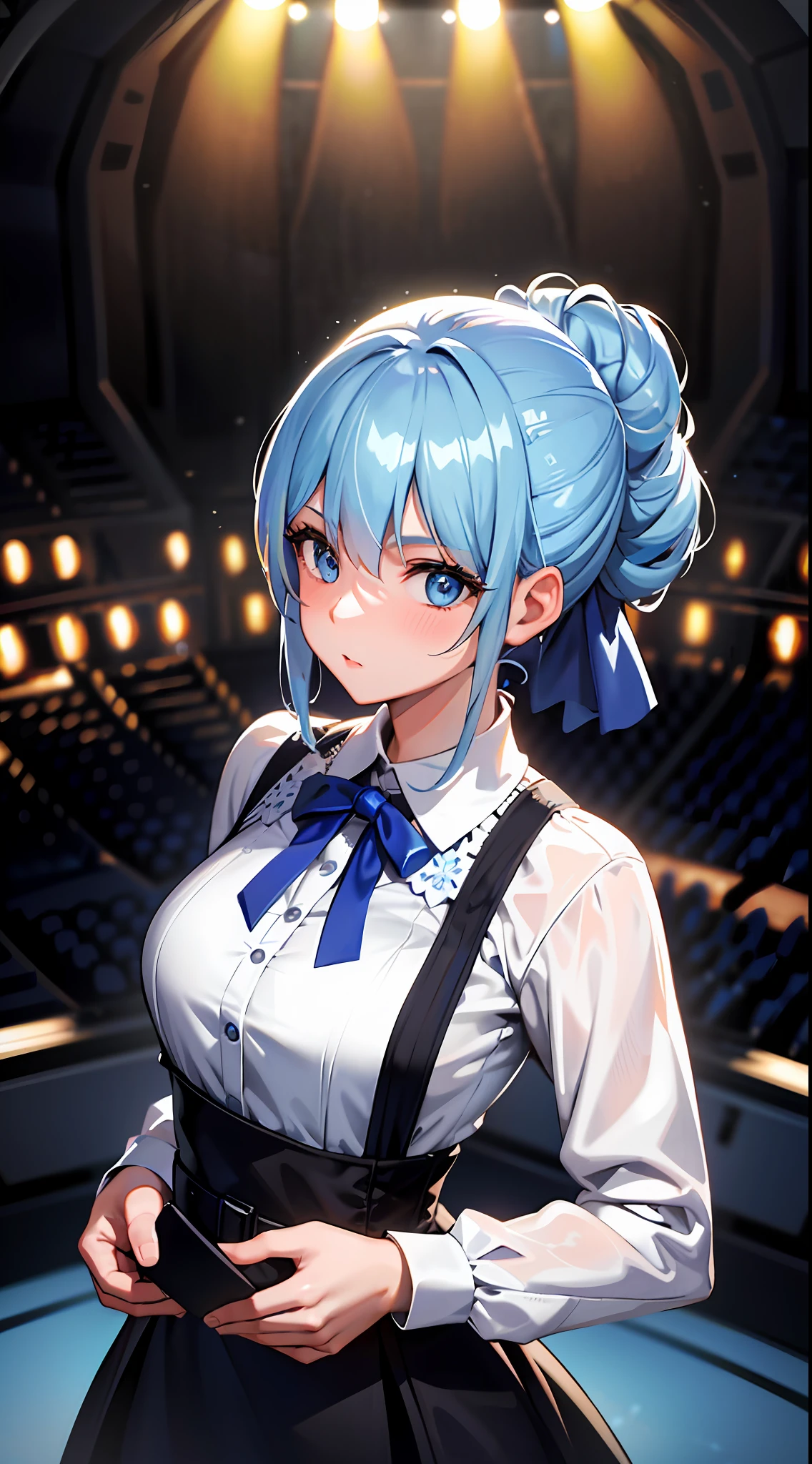 ((masterpiece)), (best quality), (detailed), (1girl), blue hair, blue eyes, updo, white shirt, black dress, looking down on the audience