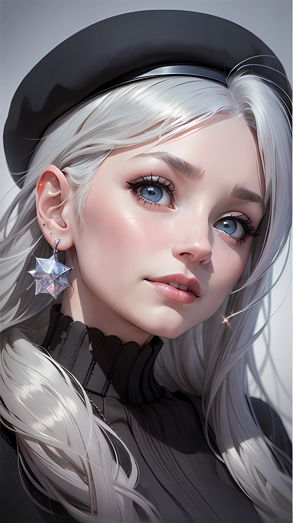 Portrait, soft light, a woman with grey hair and beret, mismatched pupils and crystal earrings, biting her lip, minimalism style inspired by Yoko Ono, 8k, glitter
