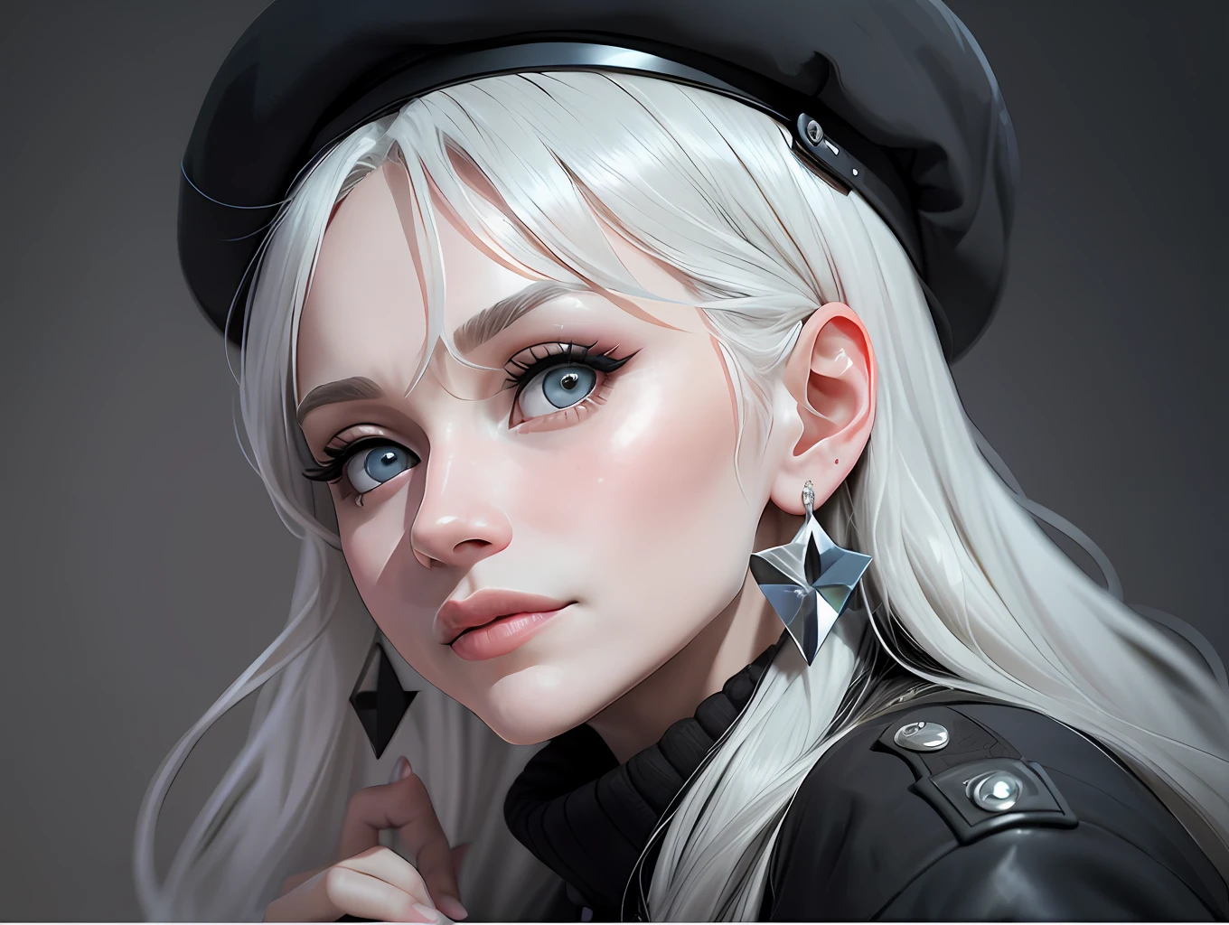 Portrait, soft light, a woman with grey hair and beret, mismatched pupils and crystal earrings, biting her lip, minimalism style inspired by Yoko Ono, 8k, glitter