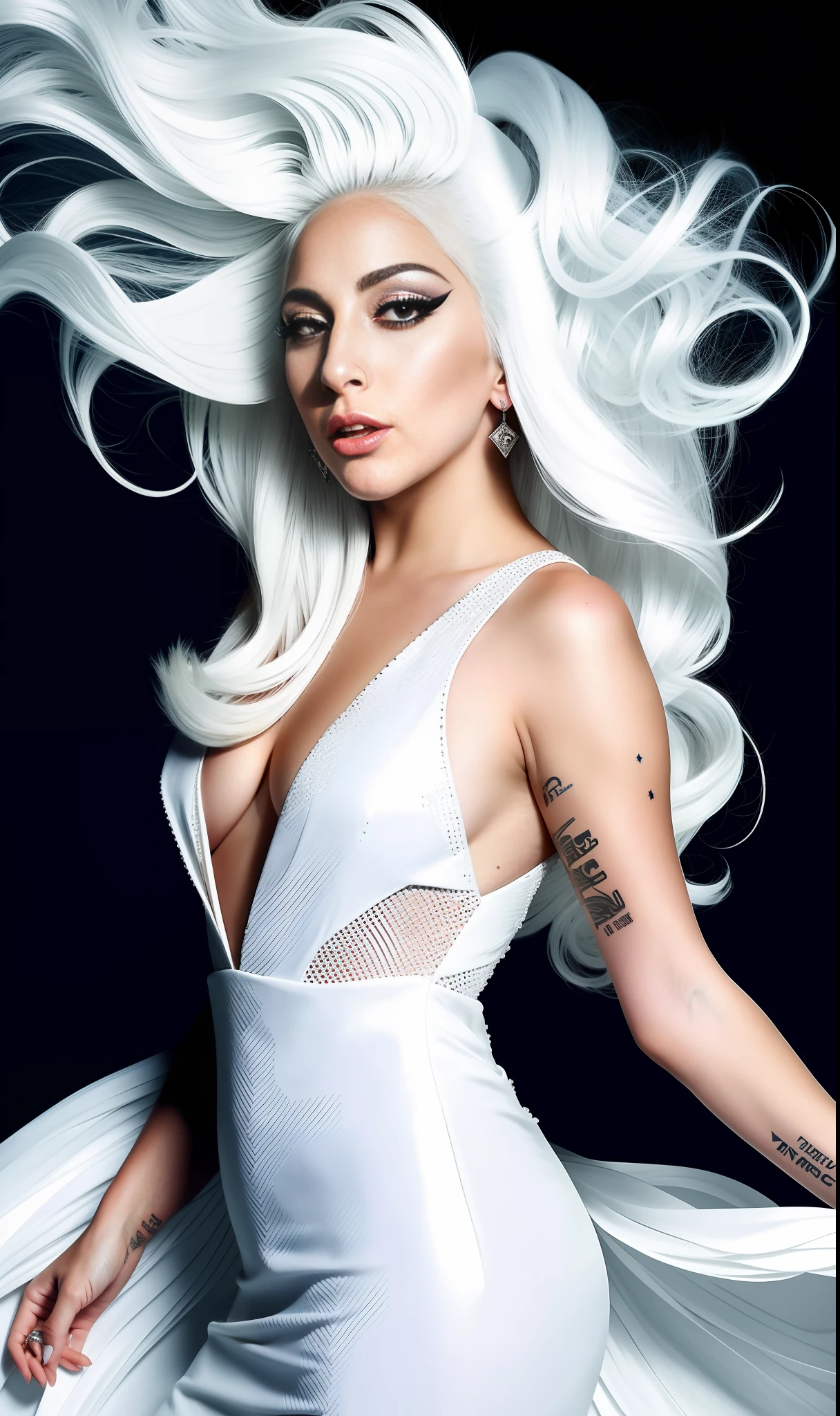 lady gaga with white print dress,white hair, 4K texture, long hair, high quality, extravagant hairstyle, original album cover, 8k image, futuristic, high image quality, at night, hair accessories, very realistic and defined face