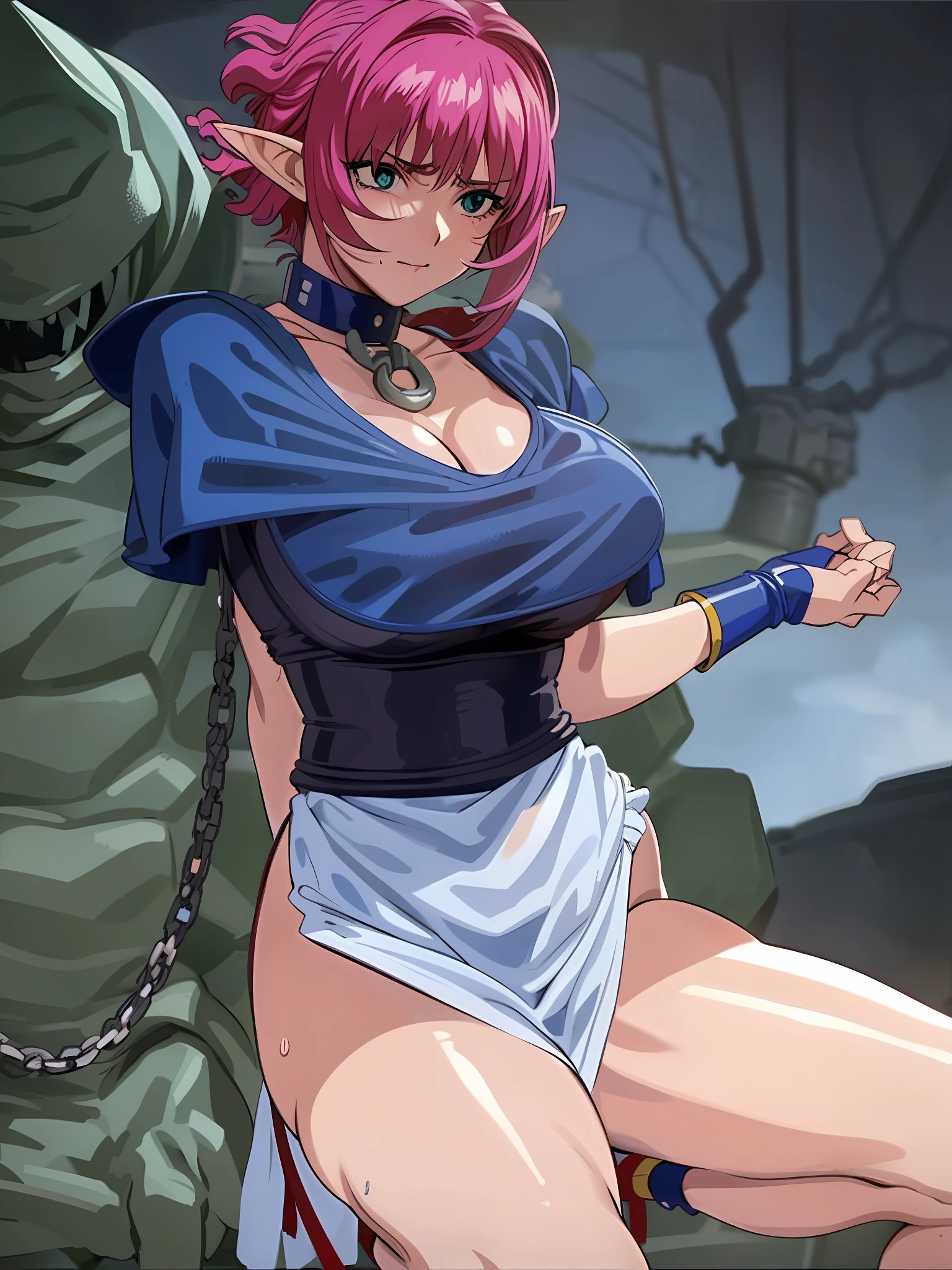 VIPER RSR, Carla, Elf Ears, as a feature of the Damned Knights
Pretty skinny hair with pink shortcuts, green eyes, busty beauty
The outfit (equipment) has been changed several times during the work, but the basic design is a white shirt with red shoulder plates, a T-back with a front droop, boomerang gloves and sandals, a sober and revealing one, and accessories such as chokers and bangles, red shoulder rest, (masterpiece), (high detail), intricate detail, depth of field, backlit, award-winning, high quality, best quality, (sweaty:1.3), exhausted, crotch open, watch viewer, night, big, shackles, shackles,, anxious look, dark dungeon prison, prisoner of war, whip, torture chamber,, copious sweat on body, blush, watery eyes, sister, chained, a lot of sweat on the face, collar, triangular horse, torture instrument, clenching, large cleavage, chest hollow, slave collar, chain around the neck, lewdness, makeup, large shiny breasts, Curvaceous but thin, dark background, suspended in the air, open legs, M-shaped open legs, facial, chest shot, tied behind the back with a rope, sexy, open legs, legs spread, hung by chains, big shooting, hands chained straight up, chained, tightening the whole body, chest potch, slimy pink tentacles, tentacles wrapped around the body and tightening, monsters nearby, tongue, Close contact with monsters, chest fluttering,