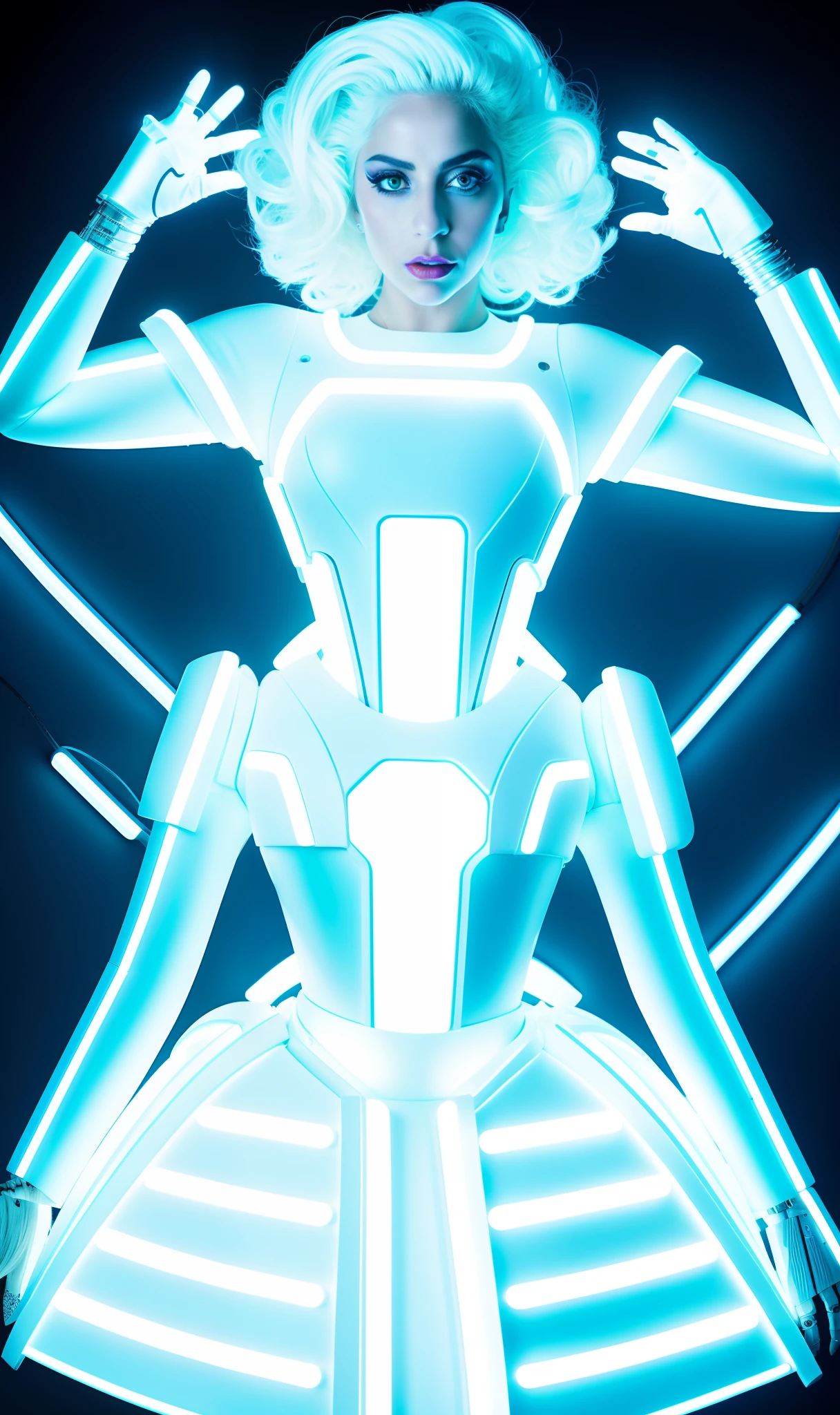 Lady Gaga Photo, 4K Texture, Robotic White Dress,Neon,White Hair, 8k Image, Haute Couture, Flashes, High Image Quality,Neon Dress, Realistic Face, Various Body Poses, Full Body, 8k Image