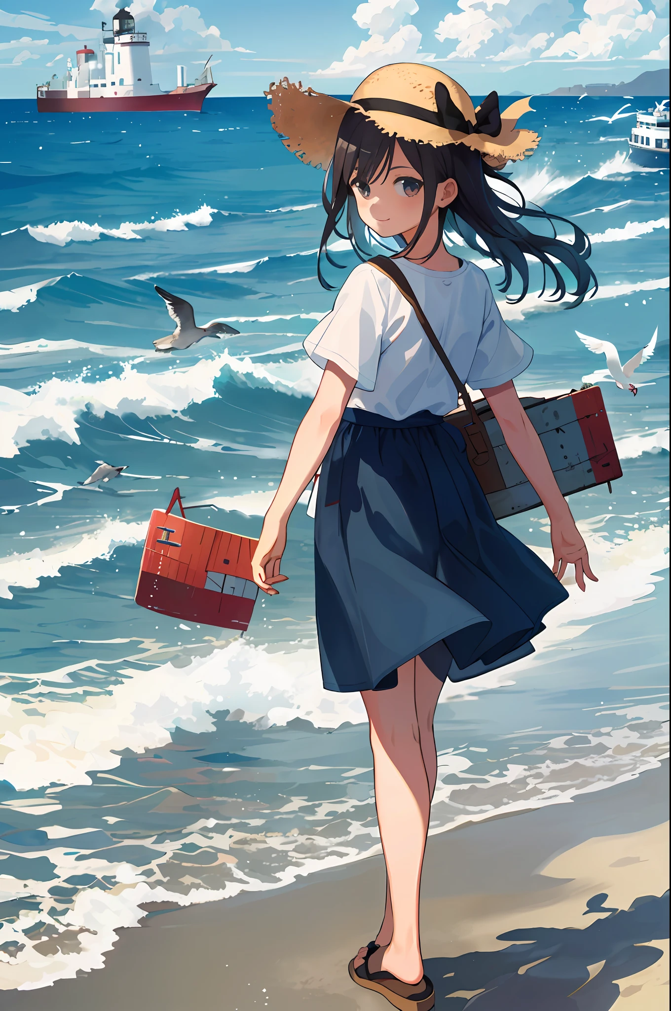 (masterpiece, best quality: 1.1), asymmetrical, girl playing on sand, blue sea, low tide, waves, old freighter stranded, ship wake, contrail, lighthouse, seagull , horizon, horizon, wind, summer, hat, morning, sunny, cloud, calm, fresh air, depth of field