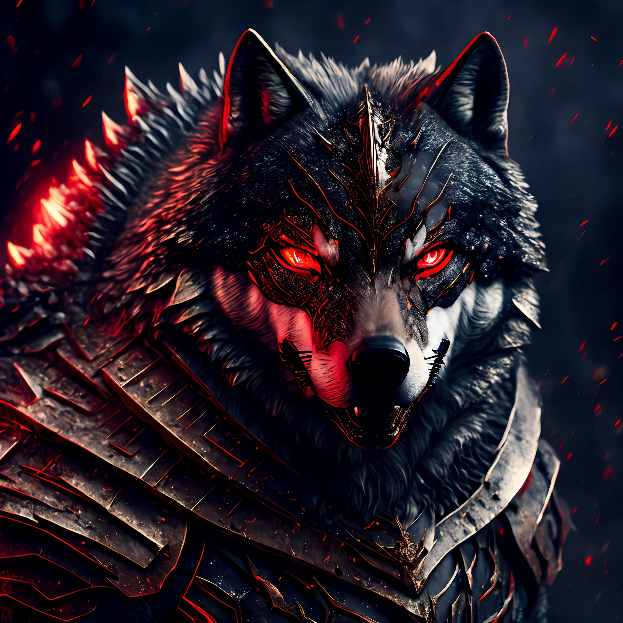 Wolf with red eyes, metallic armor, destroyed background, ultra quality, cinematic focus