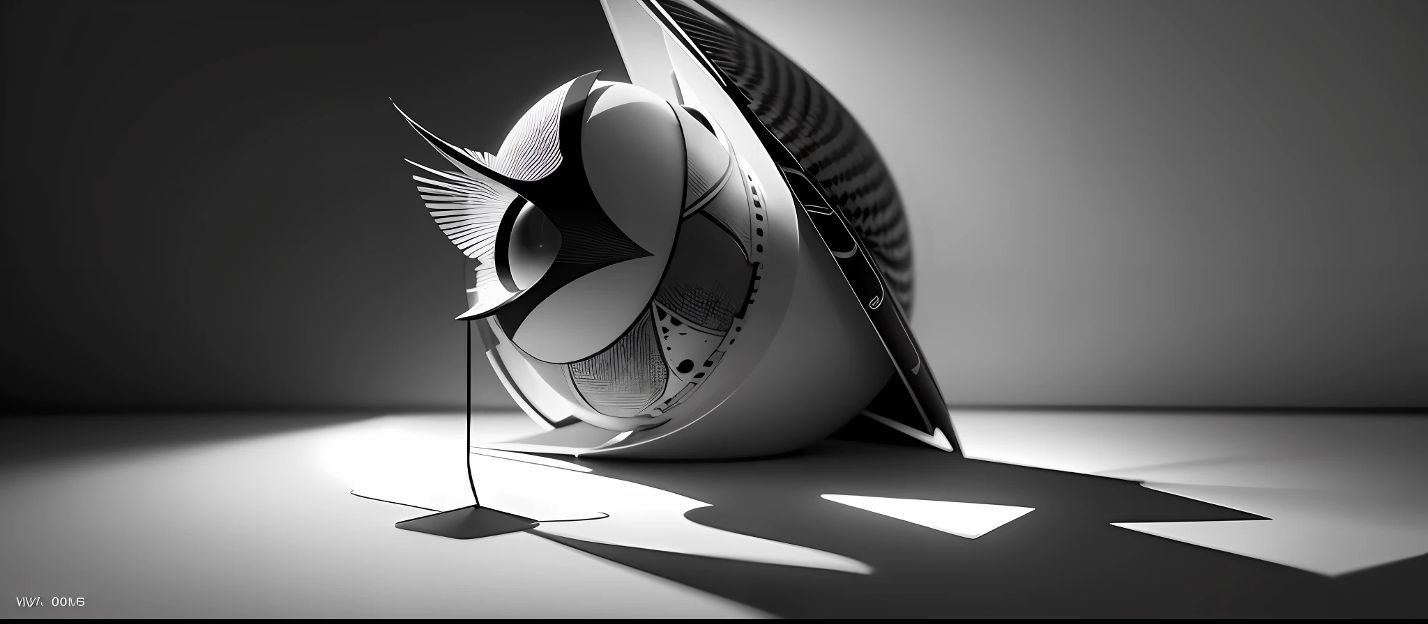 Photography inspired by Man Ray. An experimental black-and-white photograph of an abstract owl, captured through unconventional angles and lighting. The composition plays with shadows and shapes, creating a mysterious and thought-provoking atmosphere. The size of the lens used is 35mm--V 5 --stylize 1000