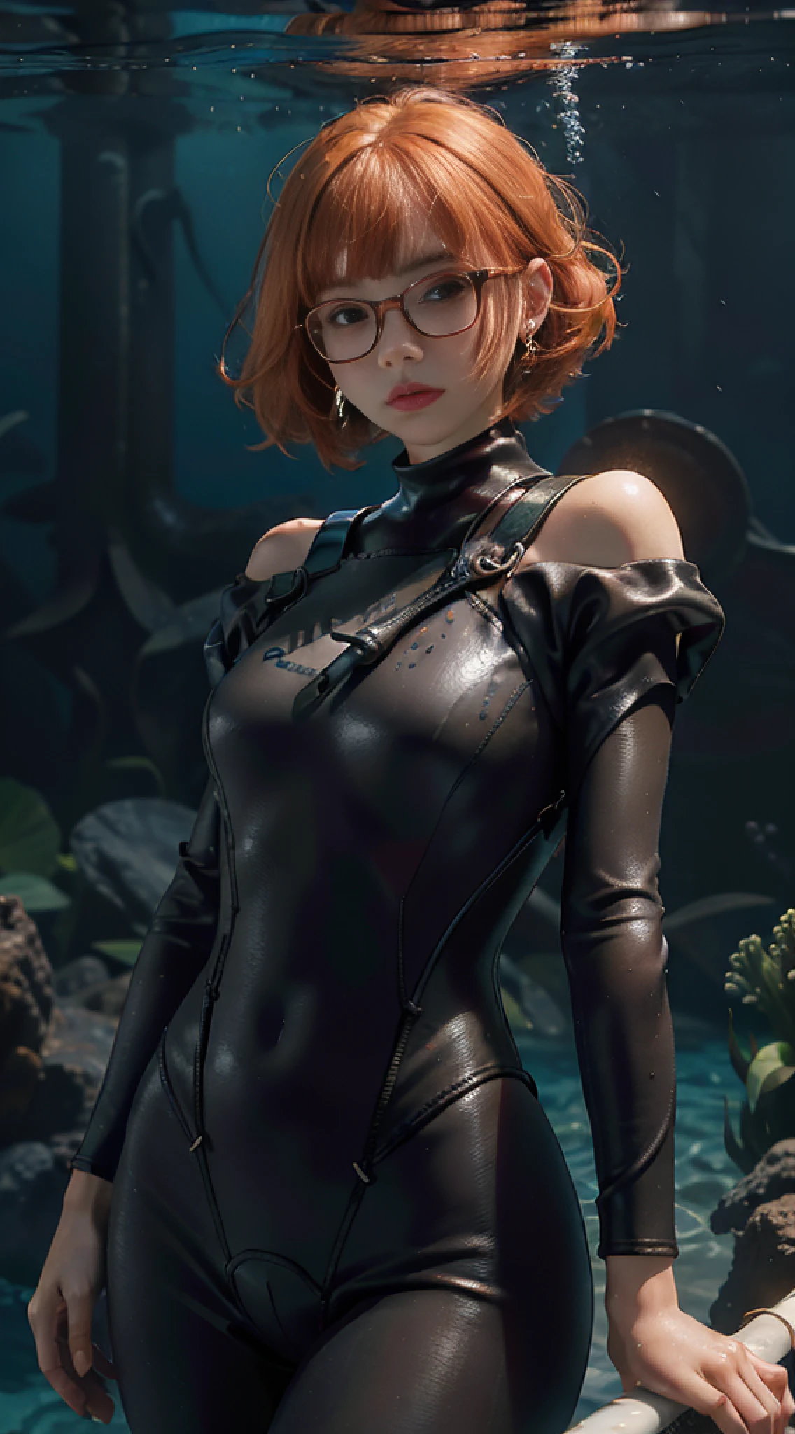 Best quality, masterpiece, (wetsuit: 1.2), (underwater: 1.2), ultra high resolution, (photorealistic: 1.4), raw photo, 1girl, off the shoulder, cinematic lighting, glasses, earrings in the perfect ears, bangs, (orange hair: 2.6 ), (bob cut: 1.5)