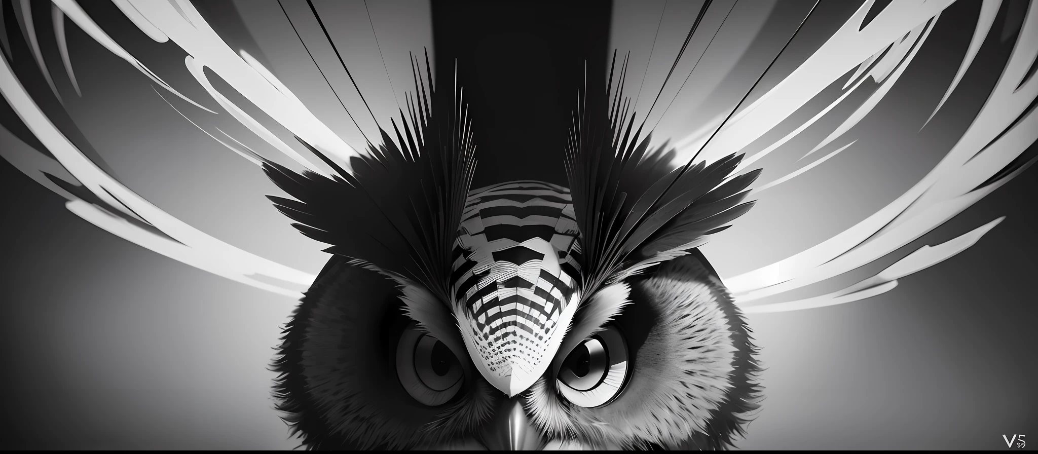 Photography inspired by Man Ray. An experimental black-and-white photograph of an abstract owl, captured through unconventional angles and lighting. The composition plays with shadows and shapes, creating a mysterious and thought-provoking atmosphere. The size of the lens used is 35mm--V 5 --stylize 1000