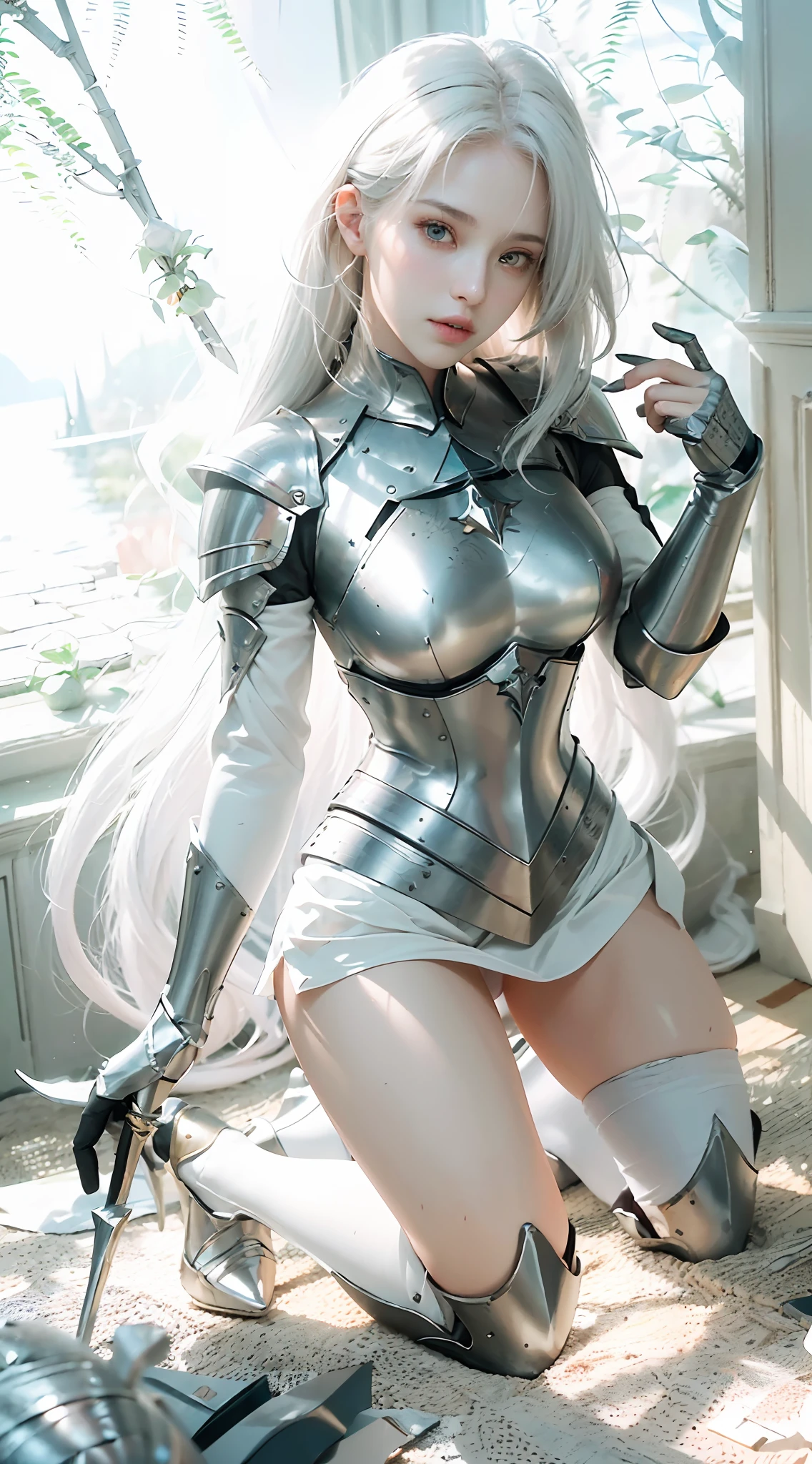 ((Best Quality)), ((Masterpiece)), (Details: 1.4), 3D, A Beautiful Female Knight, (Long White Hair: 1.9), (Kneeling: 1.7), (Armor: 1.5), High Heels, Gothic Chapel, HDR (High Dynamic Range), Ray Tracing, NVIDIA RTX, Super-Resolution, Unreal 5, Subsurface Scattering, PBR Texture, Post Processing, Anisotropic Filtering, Depth of Field, Maximum sharpness and sharpness, multi-layer textures, albedo and highlight maps, surface shading, accurate simulation of light-material interactions, perfect proportions, Octane Render, two-color light, large aperture, low ISO, white balance, rule of thirds, 8K RAW,