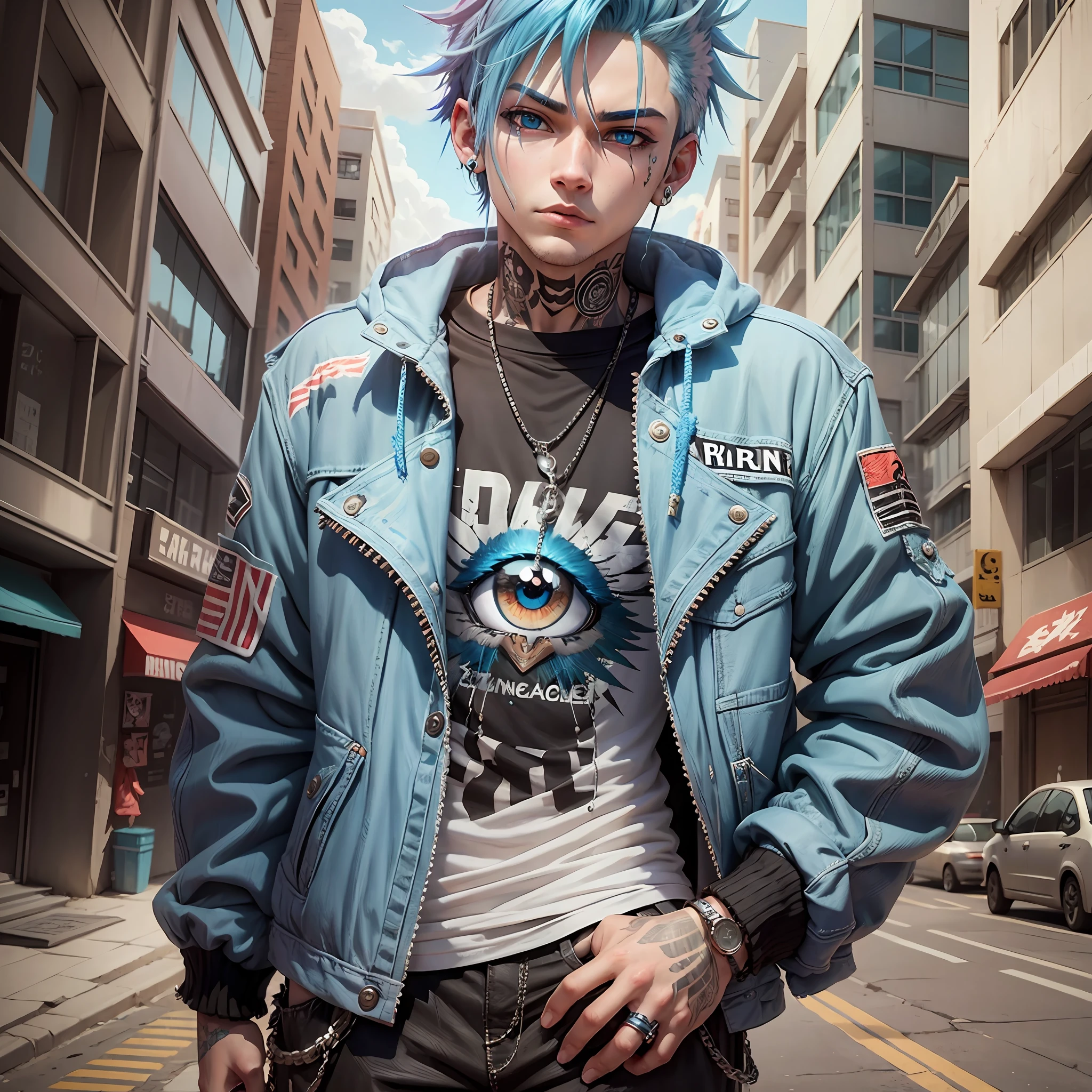 Create anime boy with eagle eyes blue hair punk clothes --auto --s2