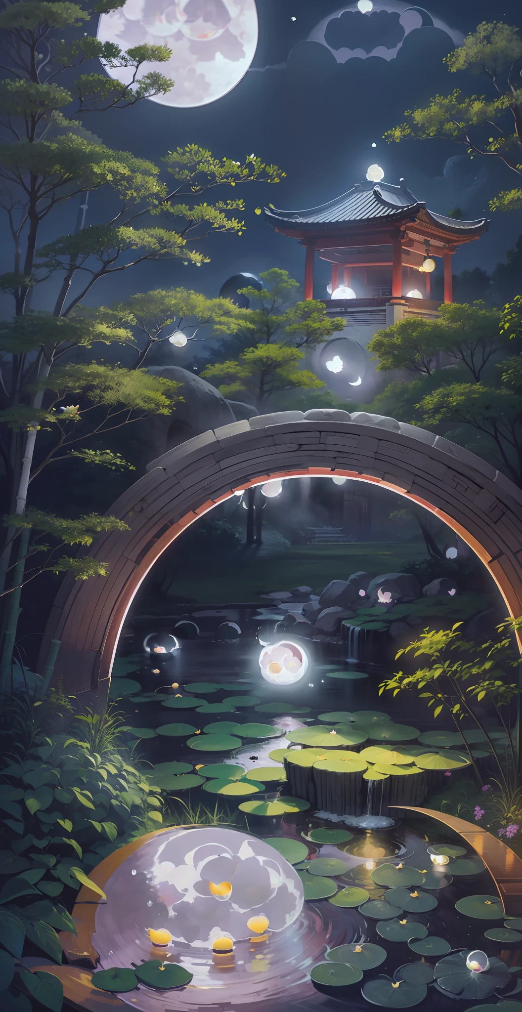 ancient chinese architecture, garden, bamboo, lake, stone bridge, rockery, arch, corner, rockery, tree, flowing water, landscape, outdoor, waterfall, meadow, rocks, water lilies, stream, lotus, moon ((moon:2)), night view ((night view: 1.2))), hot spring, water vapor, epic composition, realistic lighting, hd detail, sony fe gm, first person perspective, f/16, ultra wide angle, masterpiece, best quality, (best quality), uhd, super detail, high detail, high quality, Award-winning, best quality, high resolution, 16k