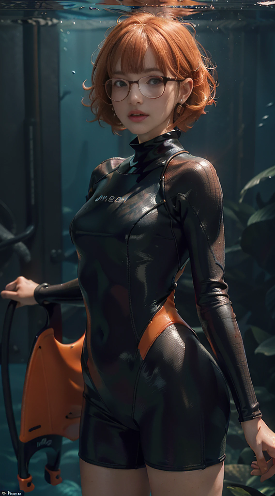 Best quality, masterpiece, (wetsuit: 1.2), (underwater: 1.2), ultra high resolution, (photorealistic: 1.4), raw photo, 1girl, off the shoulder, cinematic lighting, glasses, earrings in the perfect ears, bangs, (orange hair: 2.6 ), (bob cut: 1.5)