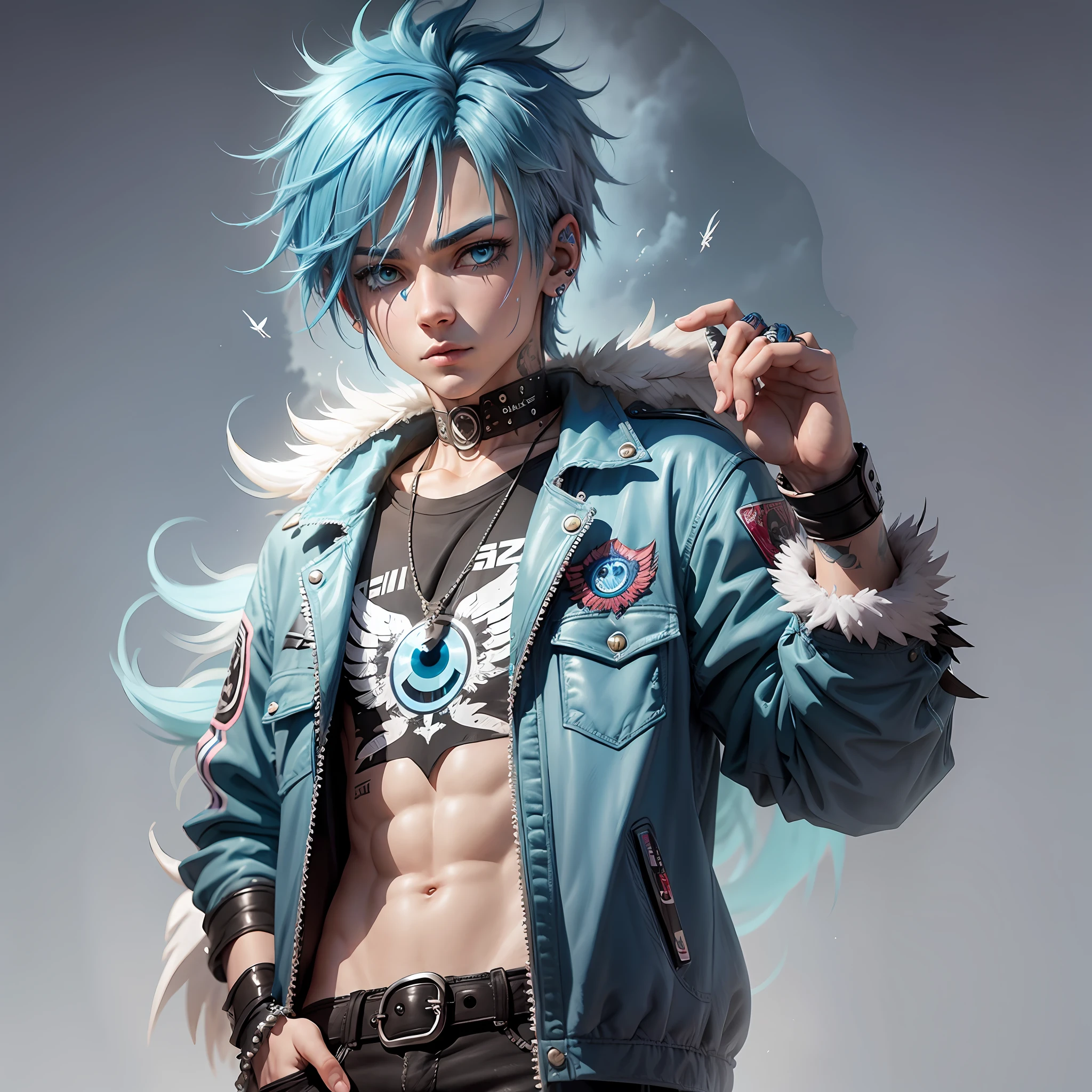 Create anime boy with eagle eyes blue hair punk clothes --auto --s2