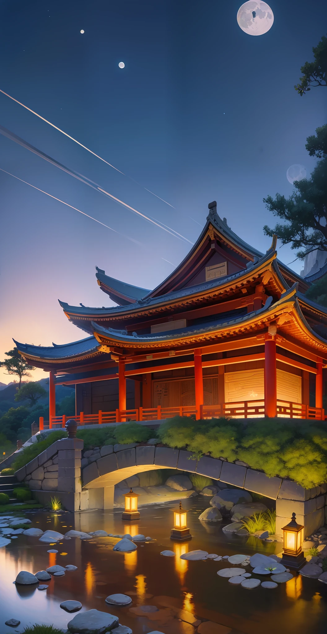 ancient chinese architecture, garden, bamboo, lake, stone bridge, rockery, arch, corner, rockery, tree, flowing water, landscape, outdoor, waterfall, meadow, rocks, water lilies, stream, lotus, moon ((moon:1.4)), night view ((night view: 1.2))), hot spring, water vapor, epic composition, realistic lighting, hd detail, sony fe gm, first person view, f/16, ultra wide angle, masterpiece, best quality, (best quality), uhd, super detail, high detail, high quality,  Award-winning, best quality, high resolution, 16k