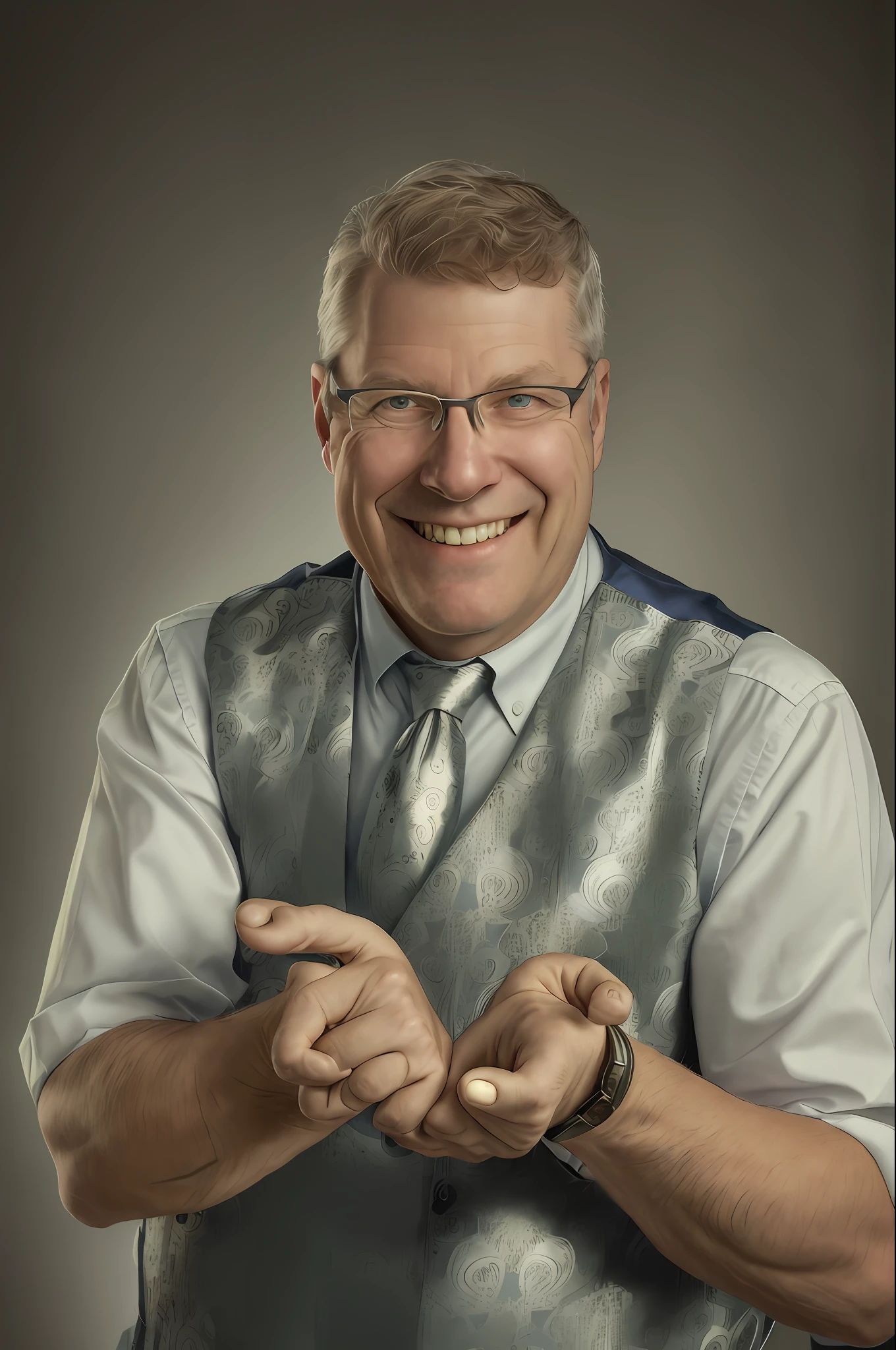 smiling man in vest and tie holding out his hands, david a, portrait image, mark hammil portrait, detailed professional photo, pete morbacher, frank frazeta, by László Balogh, professional portrait photo, by Bernie D’Andrea, by James Warhola, peter deligdisch, ted nasmit, commercial photo, greg rutkowski ”